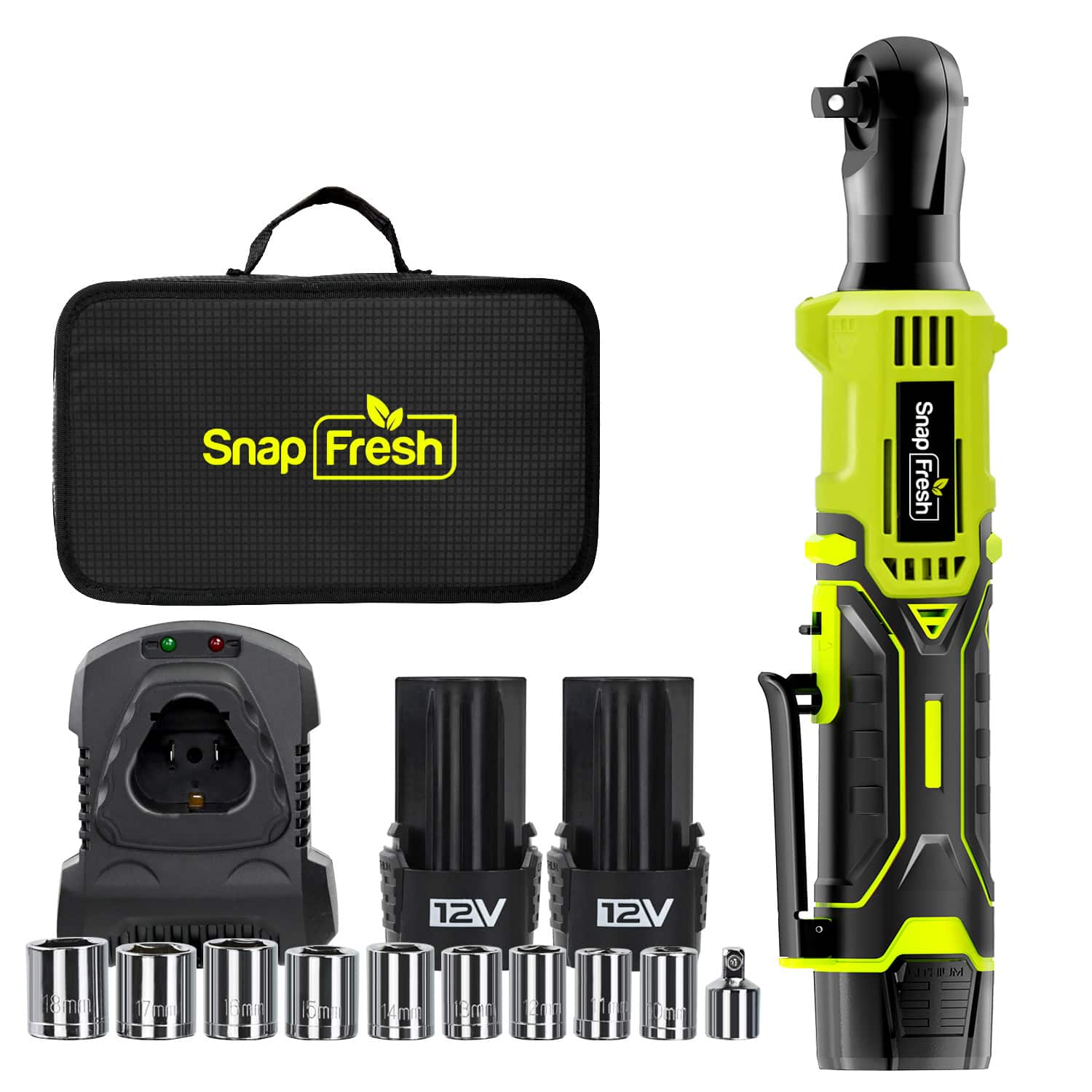 SnapFresh - 12V Cordless Electric Ratchet Wrench Kit – 55 ft-lbs Max Torque, 3/8" Drive, 2×2.0Ah Batteries & Fast Charger - Green