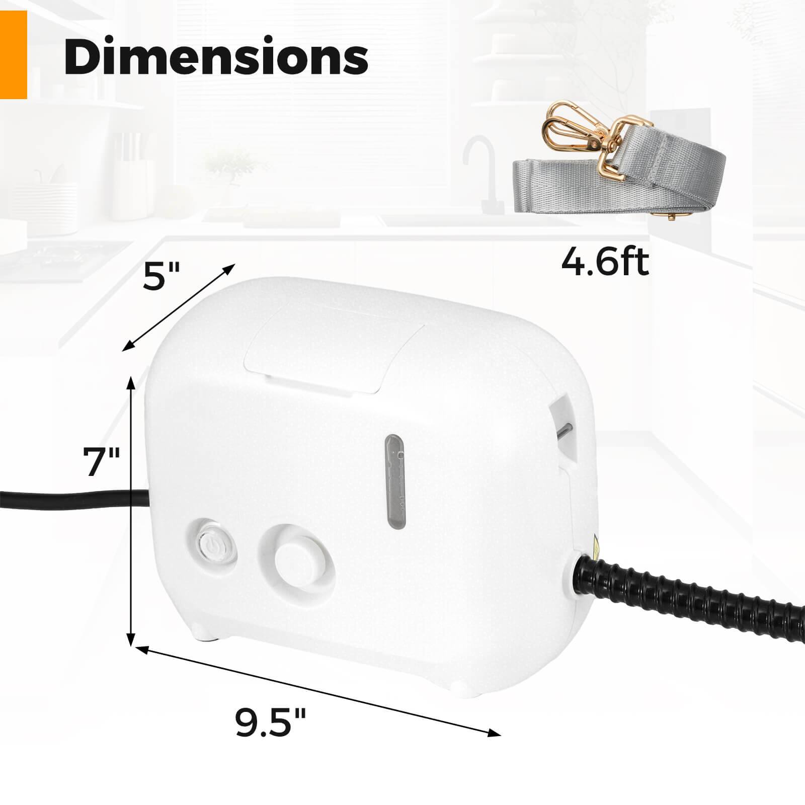 Dimensions:  
- Height: 5"  
- Width: 9.5"  
- Depth: 7"  
- Strap Length: 4.6ft