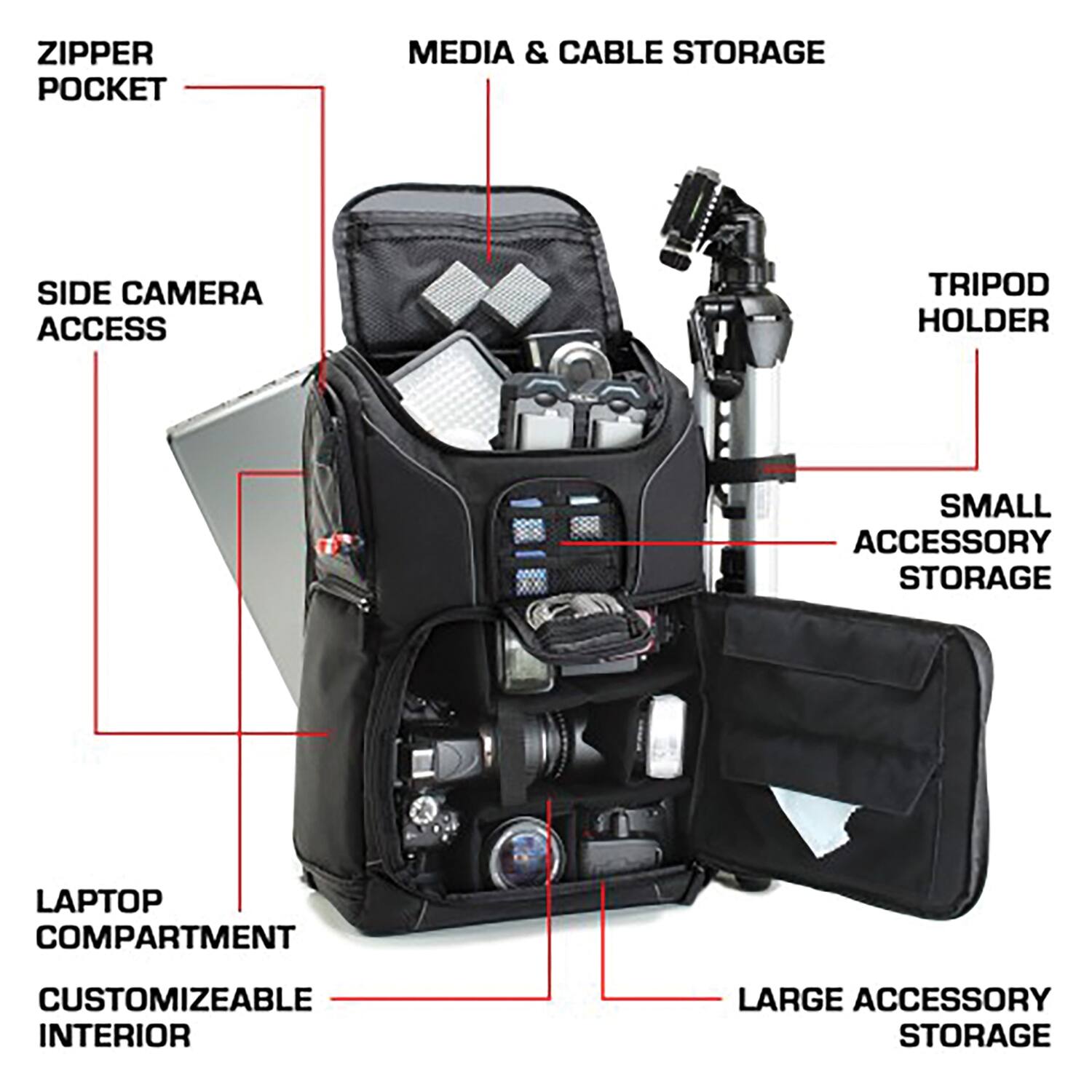 ZIPPER POCKET  
MEDIA & CABLE STORAGE  
SIDE CAMERA ACCESS  
TRIPOD HOLDER  
LAPTOP COMPARTMENT  
CUSTOMIZEABLE INTERIOR  
SMALL ACCESSORY STORAGE  
LARGE ACCESSORY STORAGE