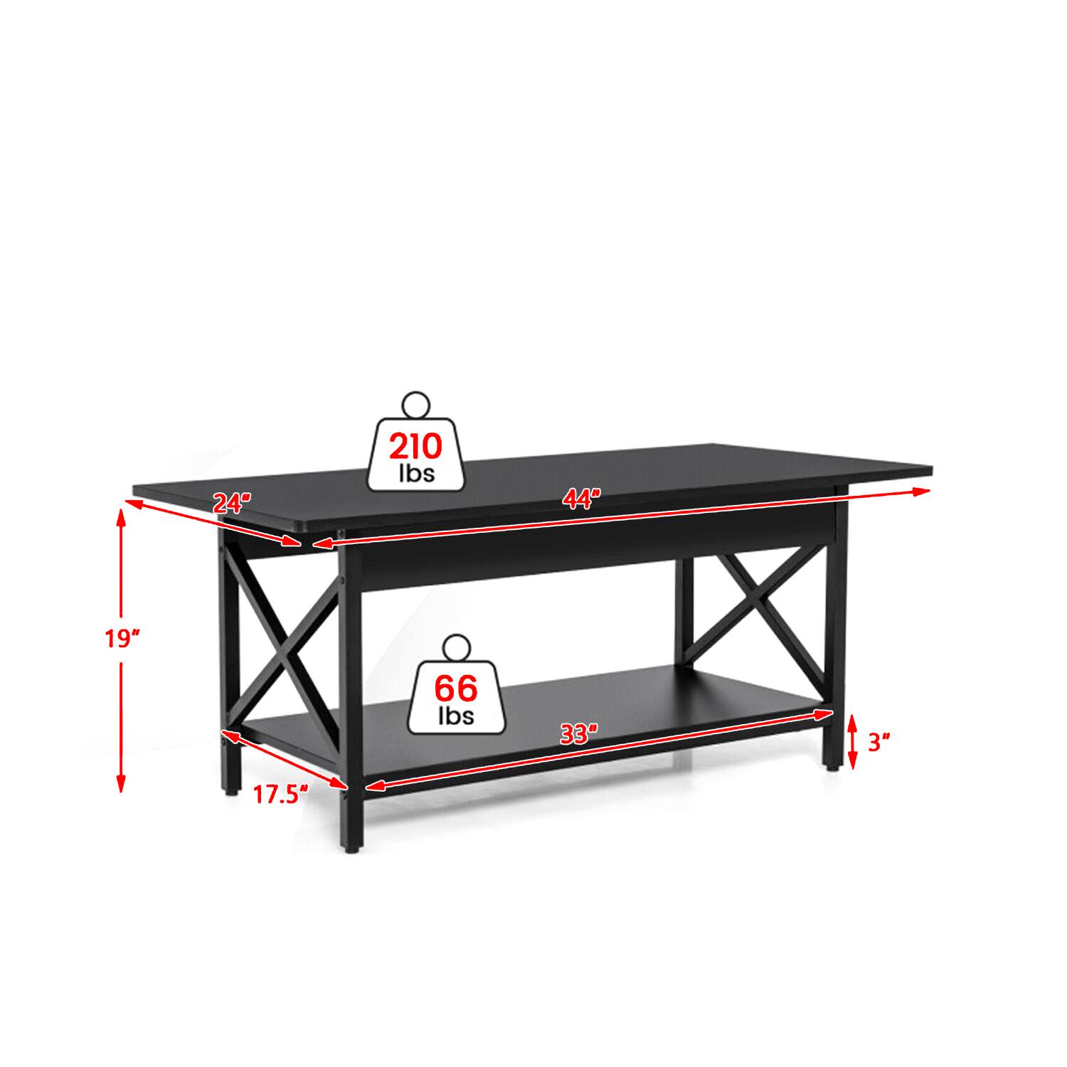 24" 210 lbs 44" 19" 66 lbs 33" 3" 17.5"
