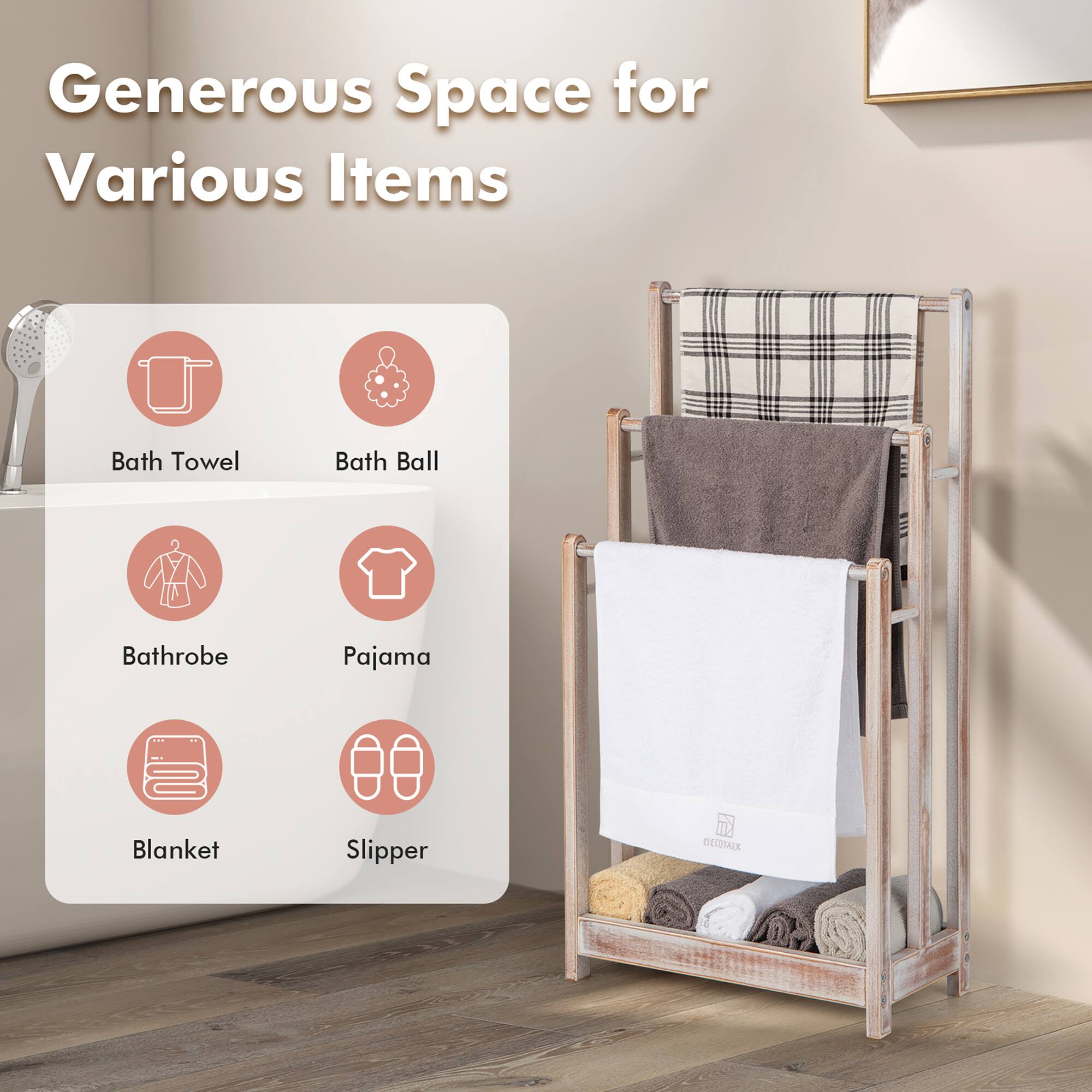 Generous Space for Various Items

- Bath Towel
- Bath Ball
- Bathrobe
- Pajama
- Blanket
- Slipper