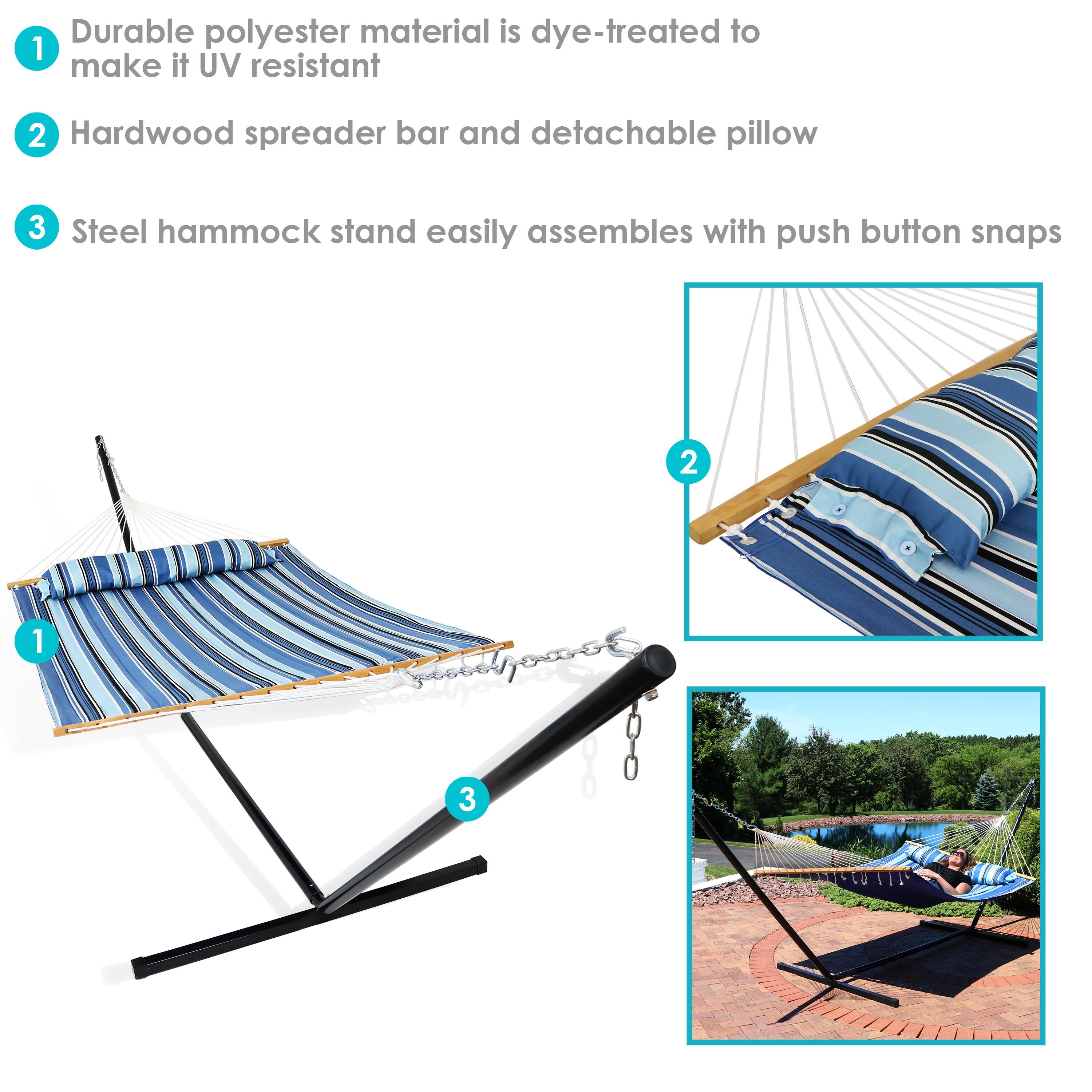 1. Durable polyester material is dye-treated to make it UV resistant
2. Hardwood spreader bar and detachable pillow
3. Steel hammock stand easily assembles with push button snaps