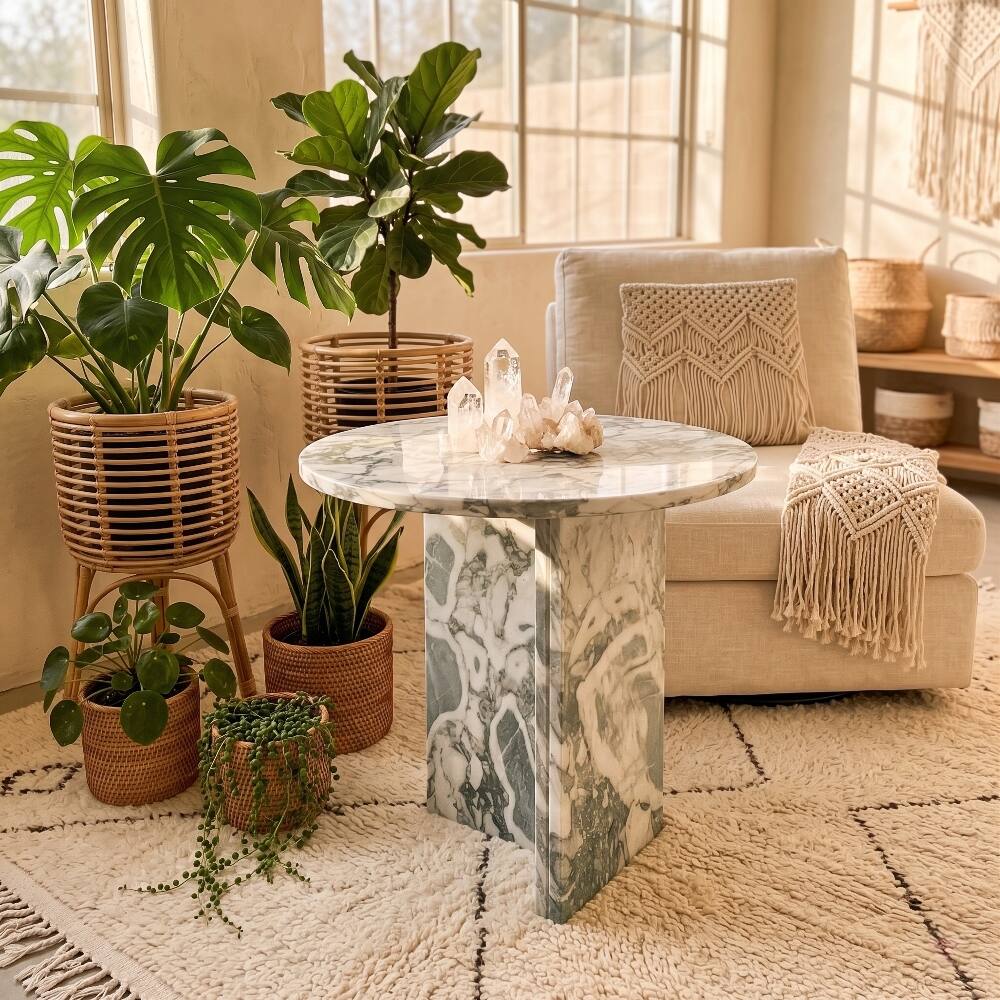 Alt View 8. Loheer - Loheer Gray Blue Natural Marble Side Table Round End Table Genuine Stone Polished Surface 17.7 Inch - Gray Blue.