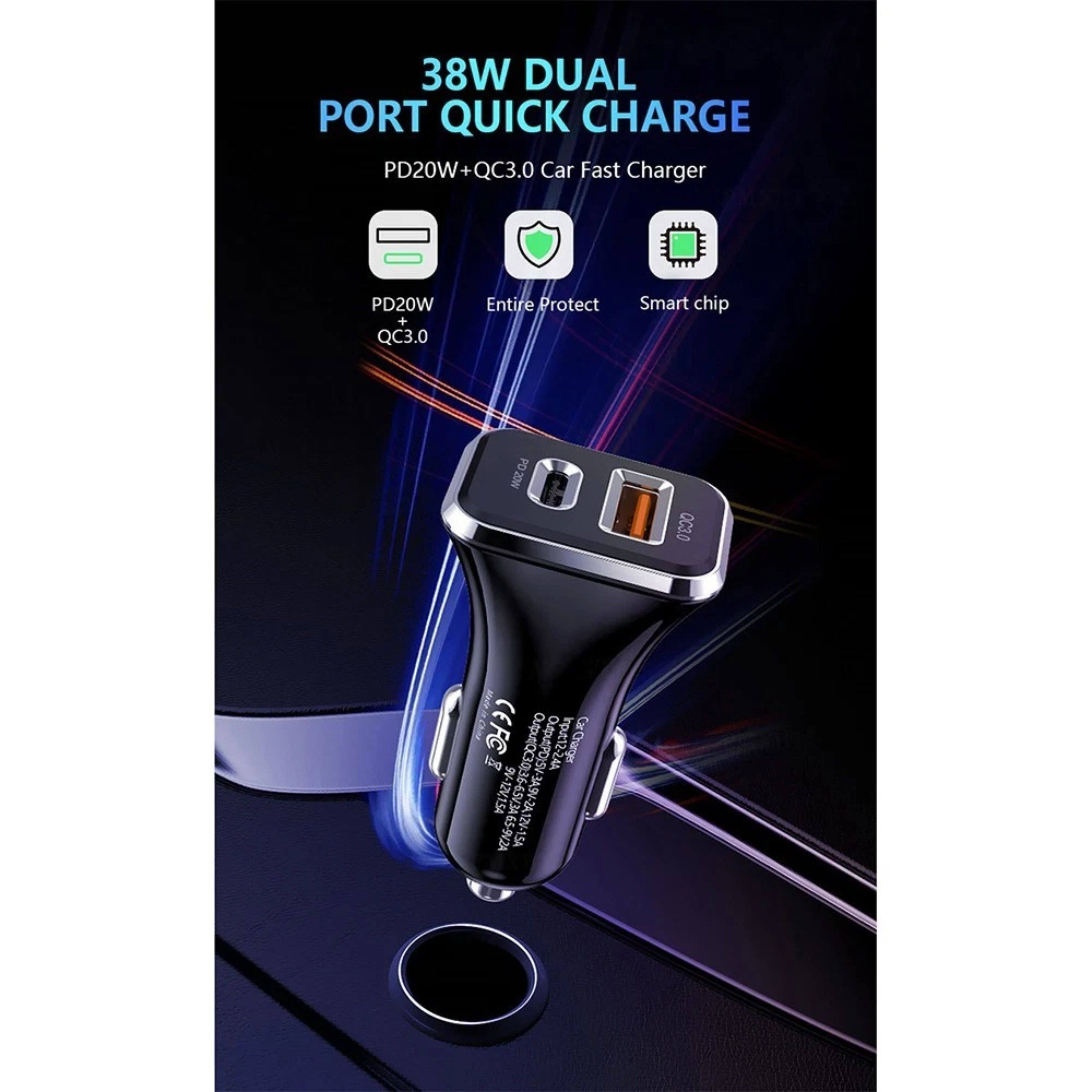 38W DUAL PORT QUICK CHARGE PD20W+QC3.0 Car Fast Charger PD20W + QC3.0 Entire Protect Smart chip PO PO20W OC3.0 ON CEFC utQ3036 OMPOS Input12-24V CarCharger toe 9 -RNEann 9V-12V,15A 65-942A