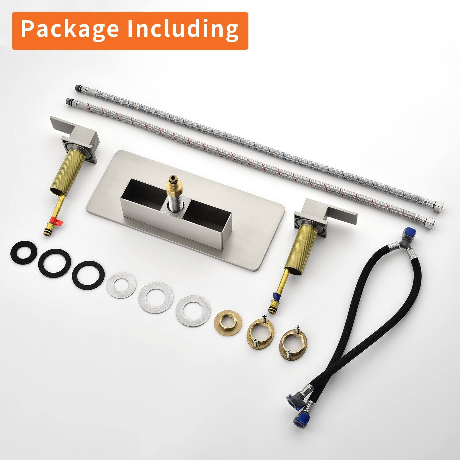Package Including

- Two metal rods with blue and red markings
- Two metal clamps with yellow handles
- A metal base with a central hole
- A black strap with blue connectors
- Several washers and rings in different sizes and colors (black, silver, and gold)
