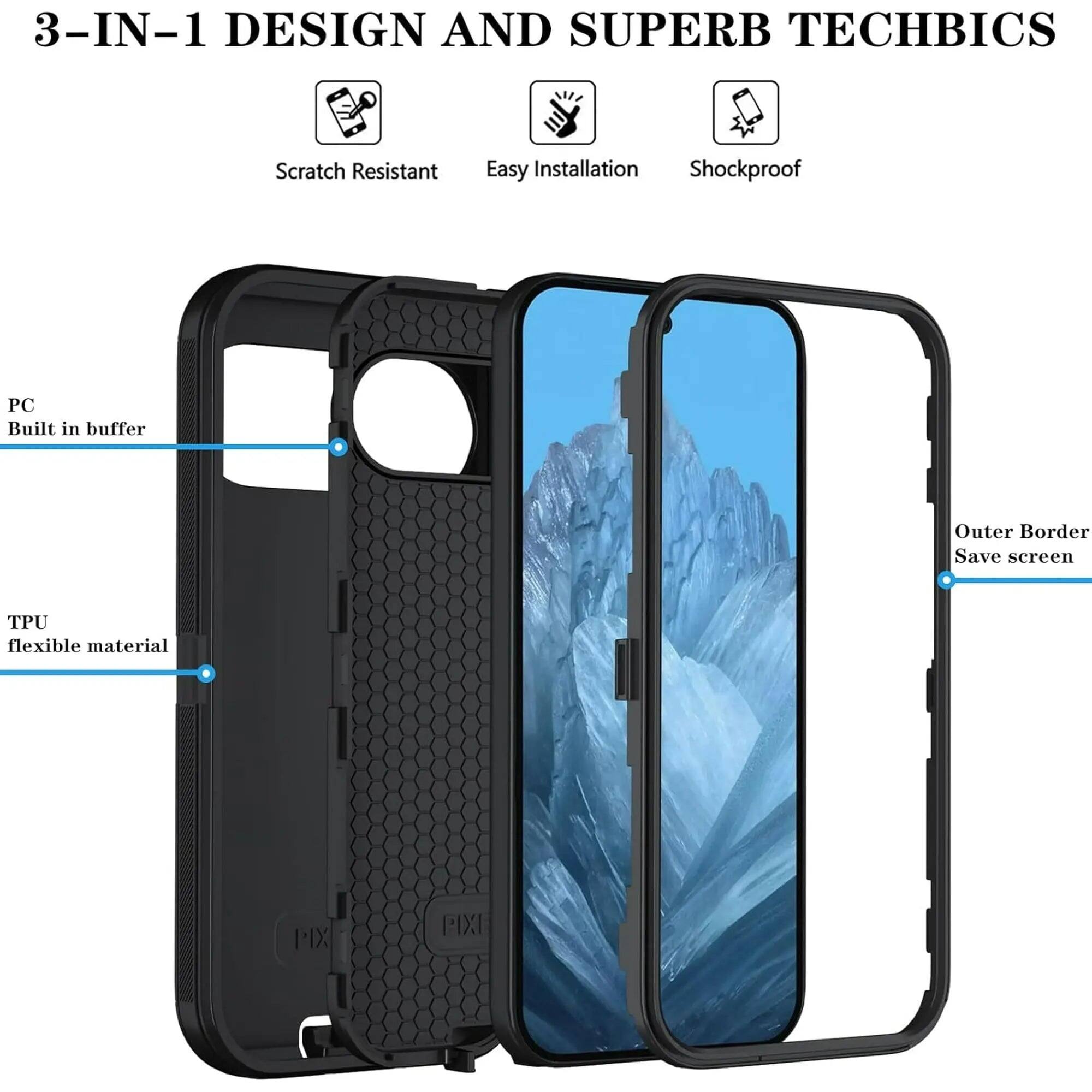 3-IN-1 DESIGN AND SUPERB TECHBICS

- Scratch Resistant
- Easy Installation
- Shockproof

- PC Built in buffer
- TPU flexible material
- Outer Border Save screen
