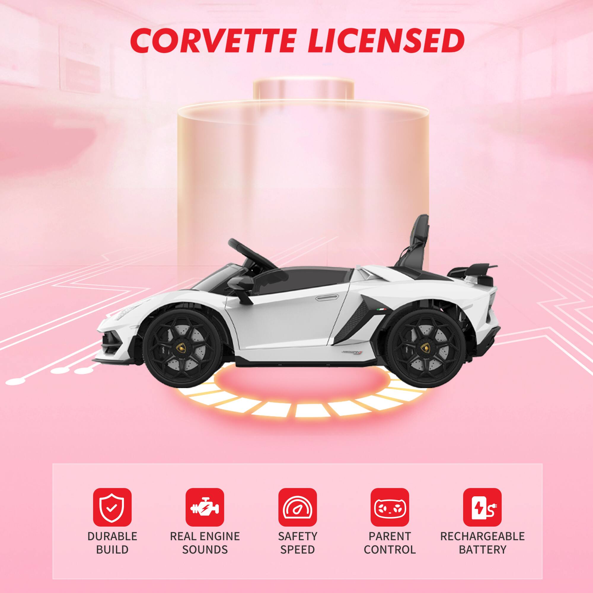 CORVETTE LICENSED

- DURABLE BUILD
- REAL ENGINE SOUNDS
- SAFETY SPEED
- PARENT CONTROL
- RECHARGEABLE BATTERY
