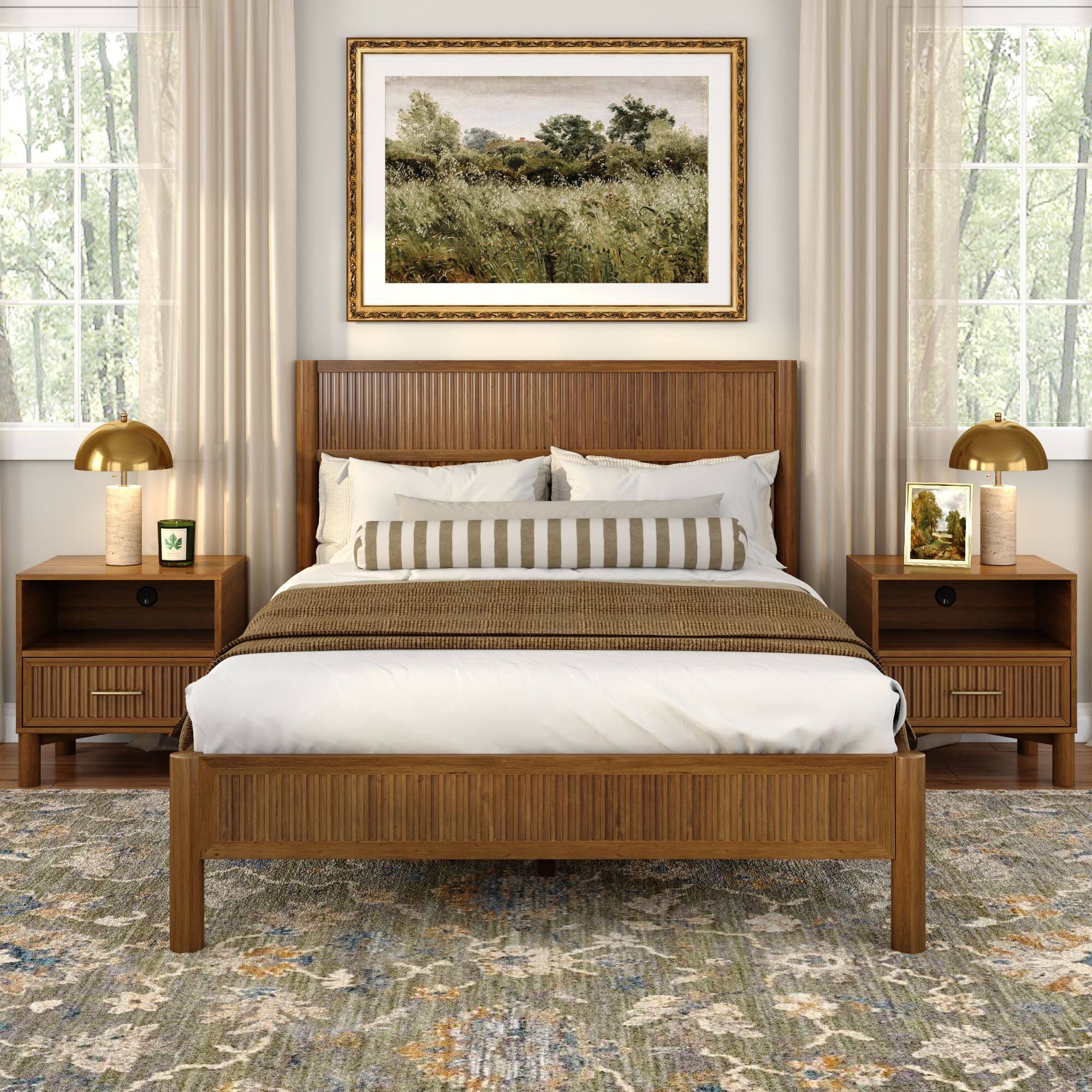 Alt View 1. Plank+Beam - Sera Fluted Queen Bed, Pecan - Pecan.
