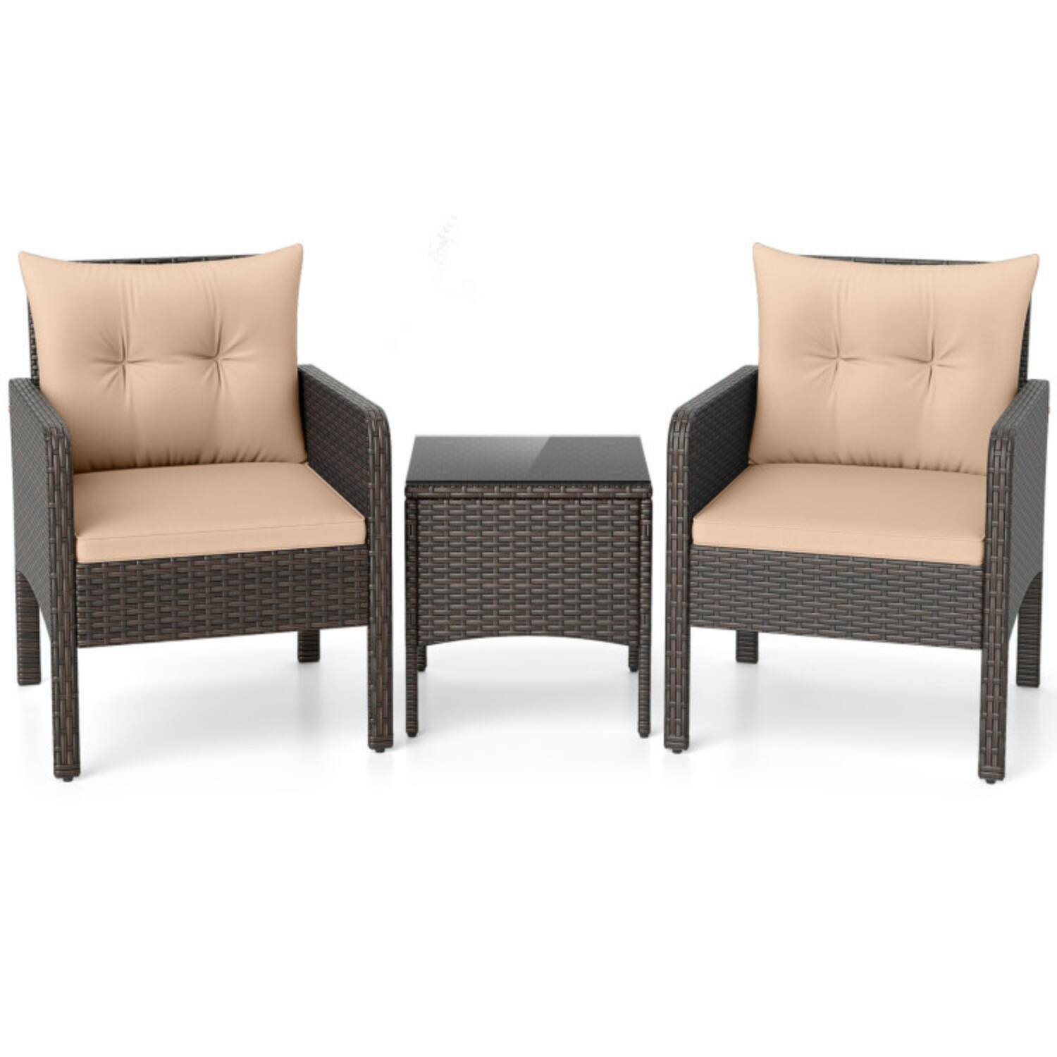 Alt View 3. Mondawe - Compact Freestanding Patio PE Wicker Set with Cushions 2 Chairs & Table 3-Piece - Mix Brown+Beige.