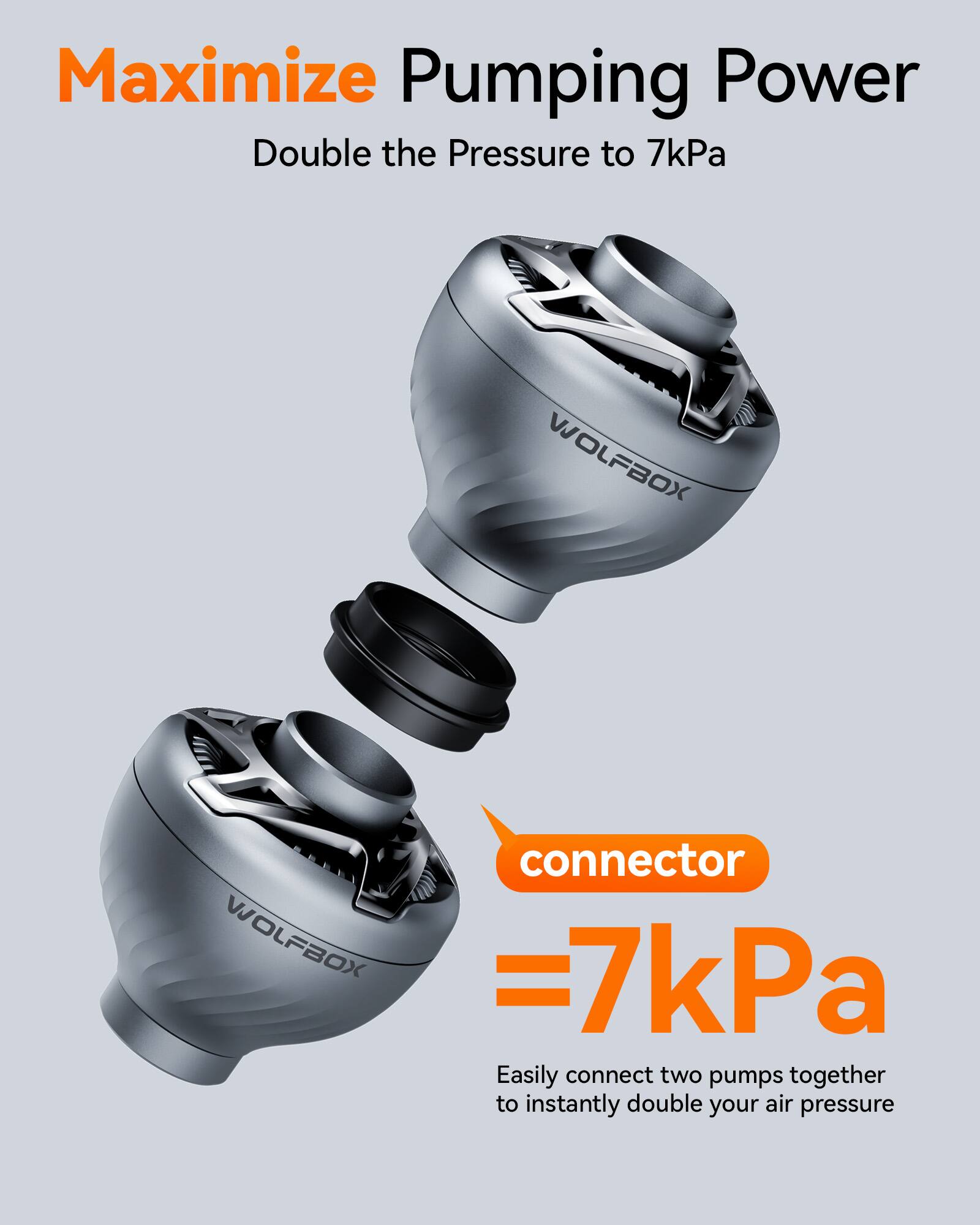 Maximize Pumping Power  
Double the Pressure to 7kPa  

WOLFBOX connector  
=7kPa  

Easily connect two pumps together to instantly double your air pressure