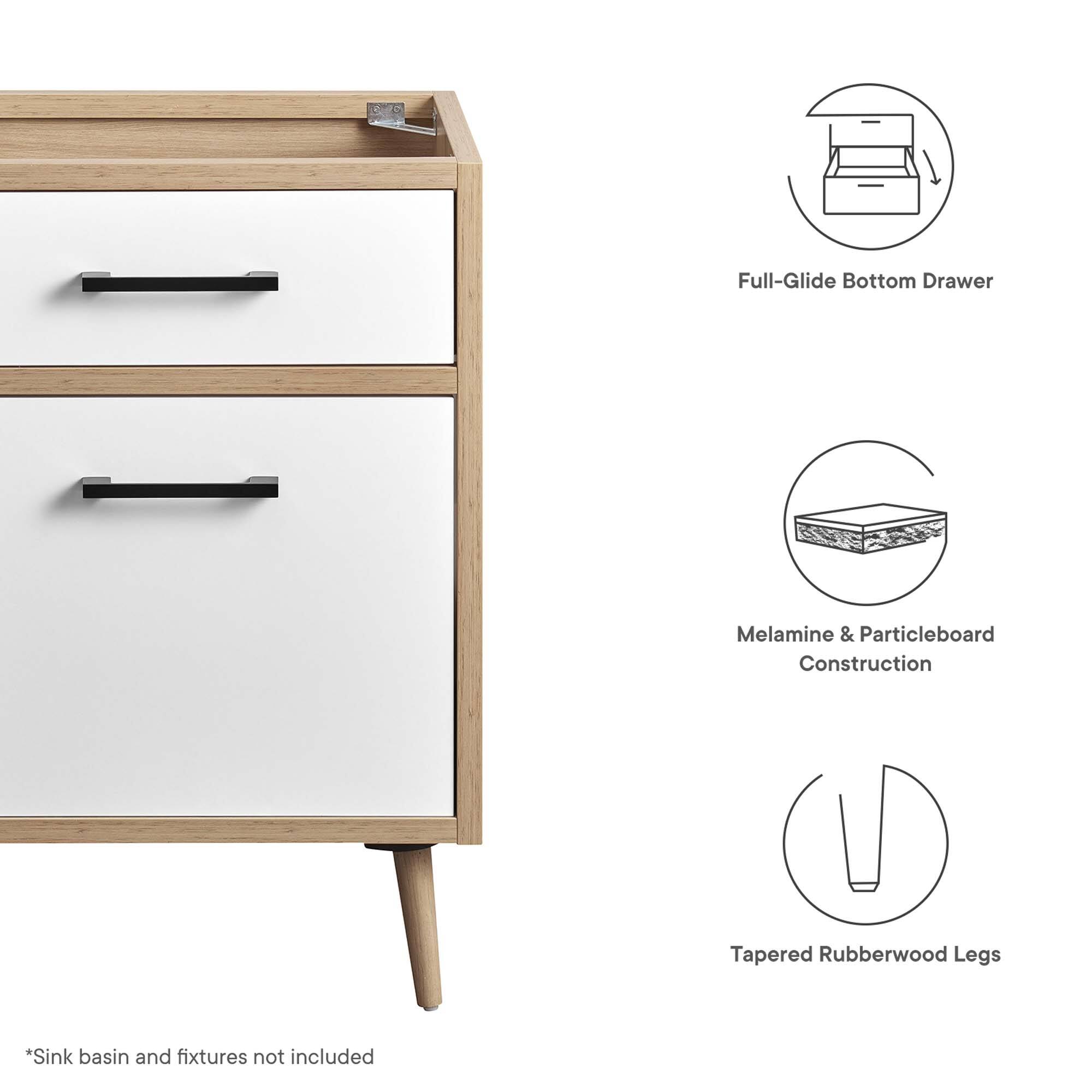 Full-Glide Bottom Drawer  
Melamine & Particleboard Construction  
Tapered Rubberwood Legs  

*Sink basin and fixtures not included