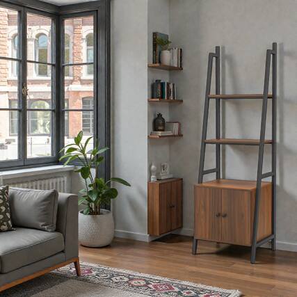 Front. Hivvago - Modern Rustic Ladder Shelf with 4 Tiers and Closed Cabinet Storage - Rustic Brown.