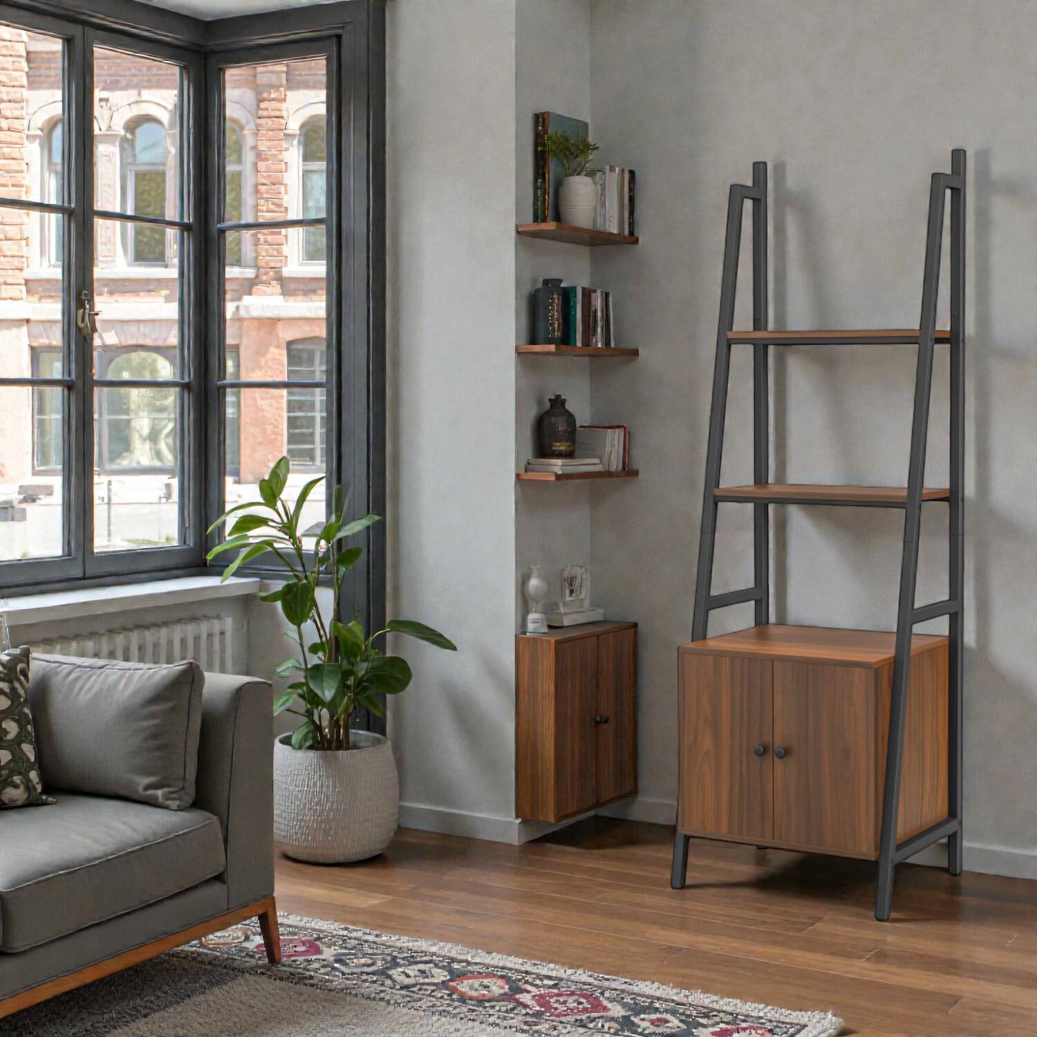 Front. Hivvago - Modern Rustic Ladder Shelf with 4 Tiers and Closed Cabinet Storage - Rustic Brown.