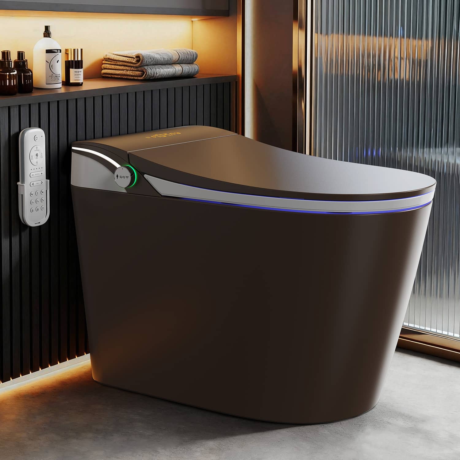 Koligey - Smart Toilet With Tankless Bidet Wash, 1.28 Gallons Auto Flush, Dual-Flush Siphon Jet, Heated Seat, Warm Wash/Dryer - Coffee Brown