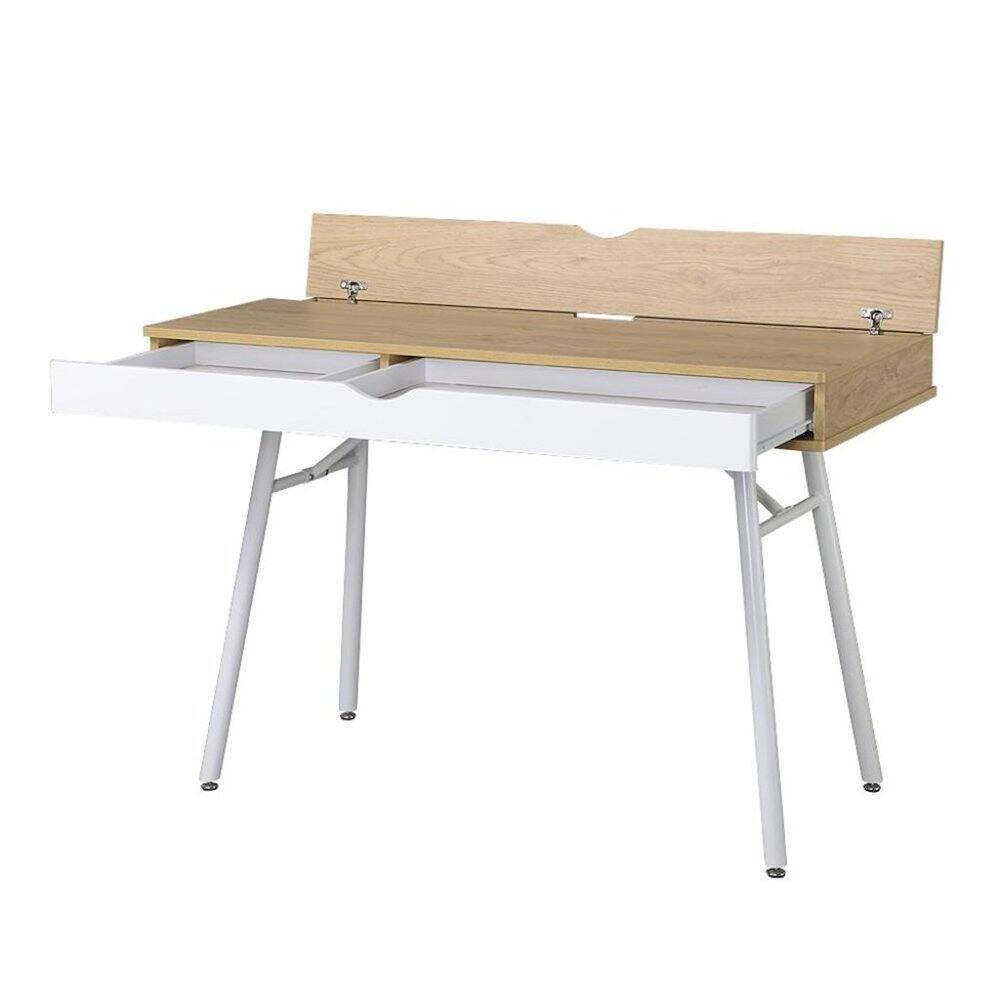 Angle. FurniFact - Light Brown Wood Desk With 1 Drawer, White Frame Compact Writing Desk For Home - Green.