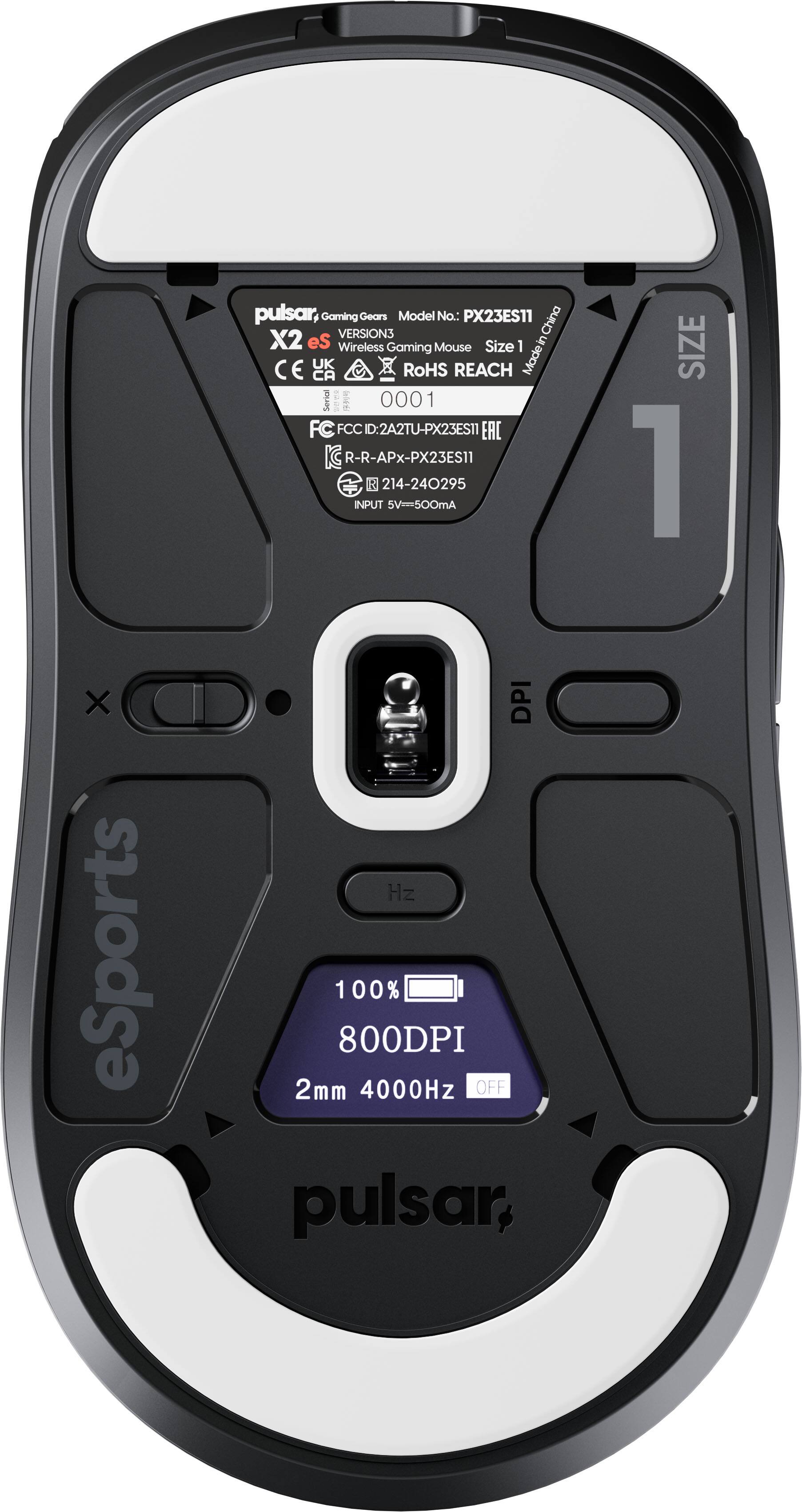 pulsar, Gaming Gears Model No.: PX23ES11 China VERSION3 X2 eS Wireless Gaming Mouse Size 1 E C E UK A RoHS REACH Made Seriol O leleei 0001 FCC ID:2A2TU-PX23ES11 EAC R-R-APx-PX23ES11 R 214-240295 INPUT 5V==500mA SIZE 1 X eSports DPI Hz 100% 800DPI 2mm 4000Hz OFF pulsar,