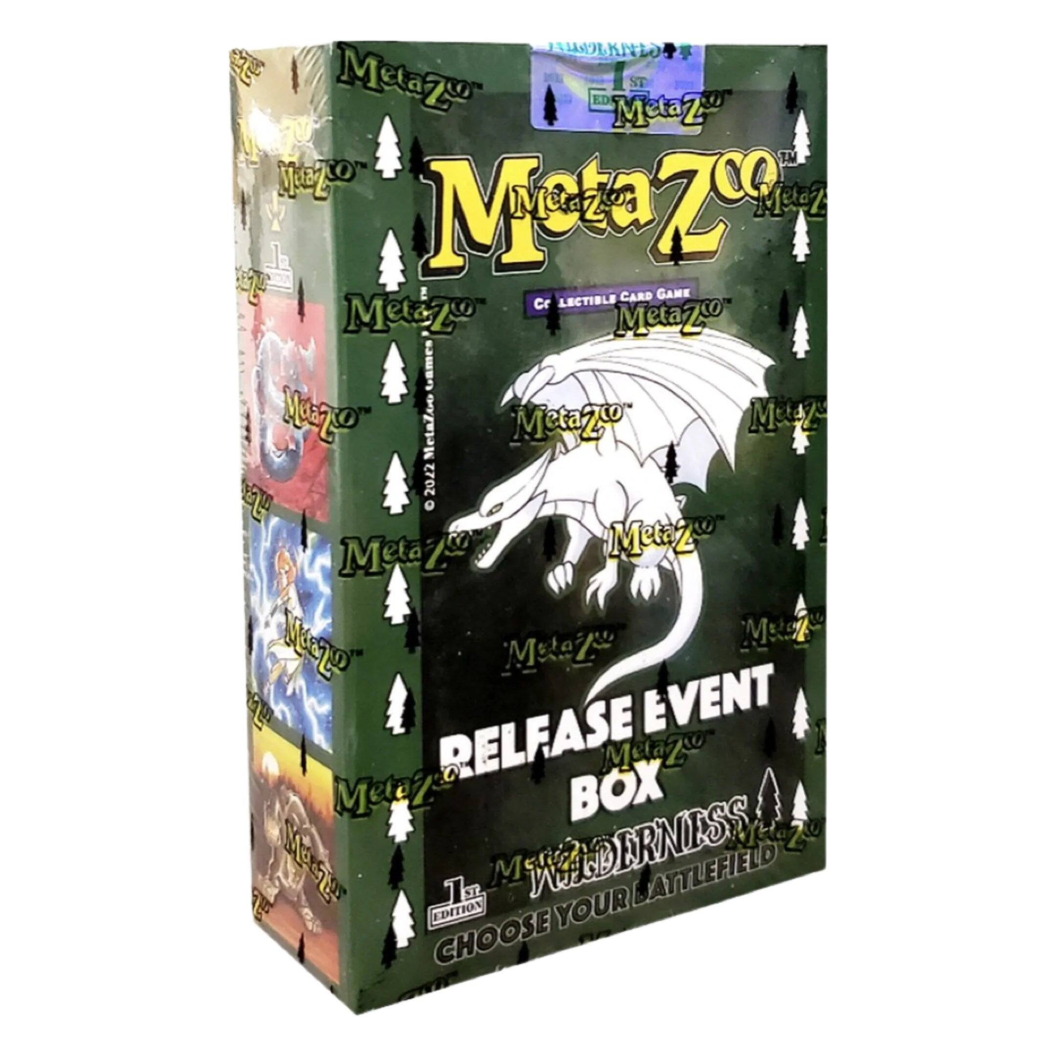 MetaZoo  
1st Edition  
Cr LECTIBLE CARD GAME  
MetaZoo Games  
MetaZoo  
20/2  
MetaZoo  
EVENT RELEASE  
MetaZoo BOX  
WILDERNESS  
1st EDITION  
CHOOSE YOUR BATTLEFIELD
