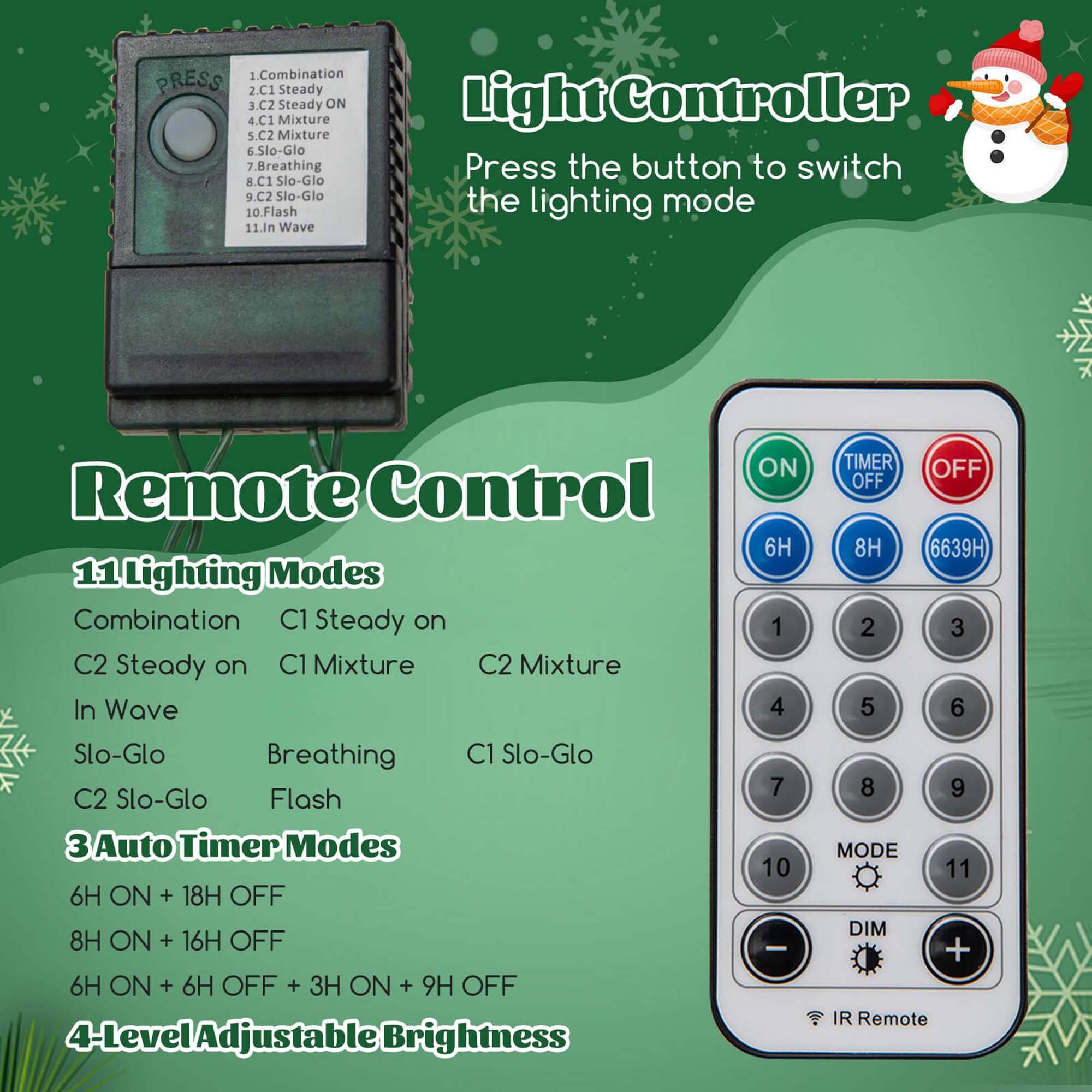 1. Combination
2. C1 Steady
3. C2 Steady ON
4. C1 Mixture
5. C2 Mixture
6. Slo-Glo
7. Breathing
8. C1 Slo-Glo
9. C2 Slo-Glo
10. Flash
11. In Wave

Light Controller: Press the button to switch the lighting mode.

Remote Control:
- 11 Lighting Modes: Combination, C1 Steady on, C2 Steady on, C1 Mixture, C2 Mixture, In Wave, Slo-Glo, Breathing, C1 Slo-Glo, C2 Slo-Glo, Flash
- 3 Auto Timer Modes: 6H ON + 18H OFF, 8H ON + 16H OFF, 6H ON + 6H OFF + 3H ON + 9H OFF
- 4-Level Adjustable Brightness

Buttons on Remote:
- ON
- TIMER OFF
- 6H
- 8H
- 00:39H
- 1
- 2
- 3
- 4
- 5
- 6
- 7
- 8
- 9
- 10
- MODE
- 11
- DIM
- IR Remote