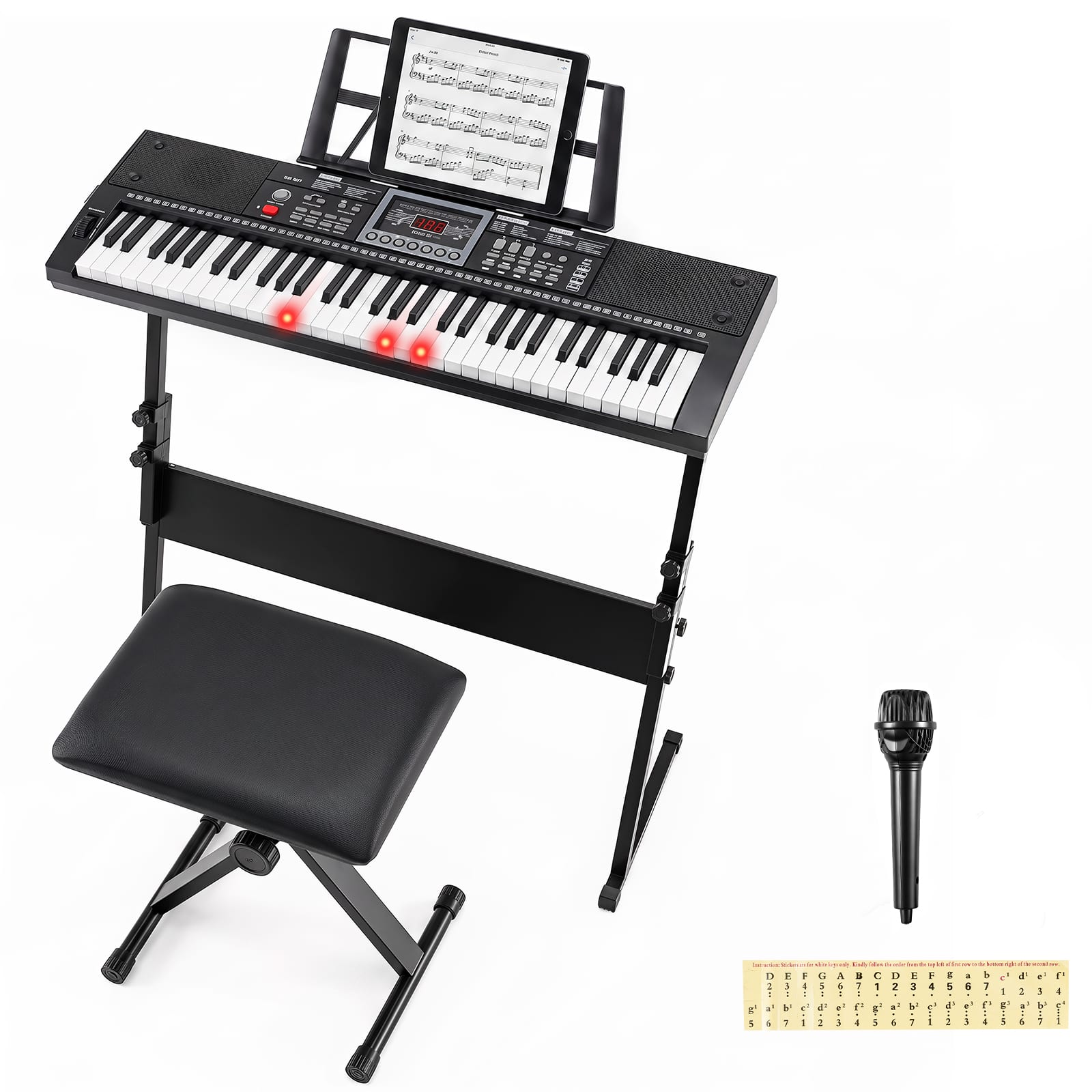Costway - 61 Key Keyboard Piano for Beginners with Stand, Stool, Lighted Keys, Microphone - Black+White