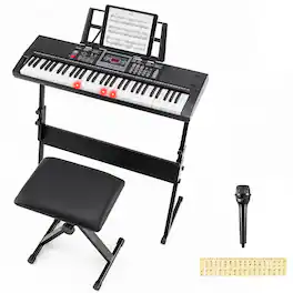 Costway - 61 Key Keyboard Piano for Beginners with Stand, Stool, Lighted Keys, Microphone - Black+White