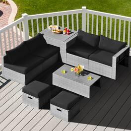 Gymax - 8PCS Rattan Patio Space-Saving Furniture Set w/ Waterproof Cover & Cushions - Black