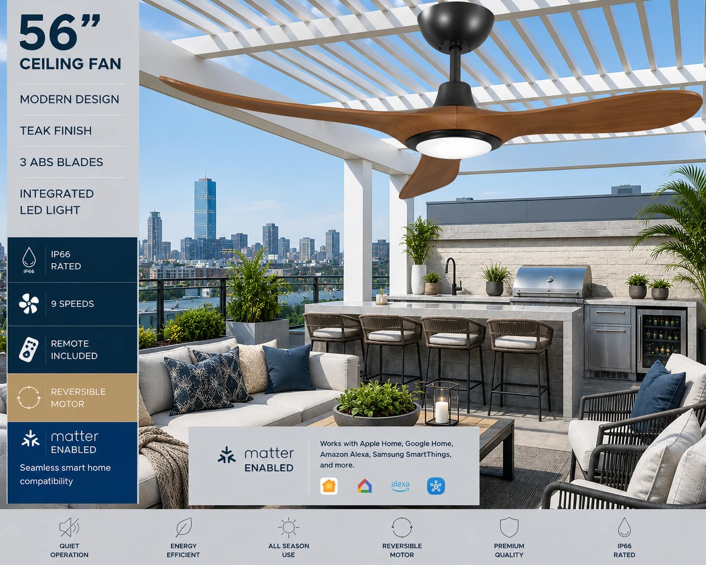 56" CEILING FAN  
MODERN DESIGN  
TEAK FINISH  
3 ABS BLADES  
INTEGRATED LED LIGHT  
IP66 RATED  
9 SPEEDS  
REMOTE INCLUDED  
REVERSIBLE MOTOR  
matter ENABLED  
Seamless smart home compatibility  
Works with Apple Home, Google Home, Amazon Alexa, Samsung SmartThings, and more.  
QUIET OPERATION  
ENERGY EFFICIENT  
ALL SEASON USE  
REVERSIBLE MOTOR  
PREMIUM QUALITY  
IP66 RATED