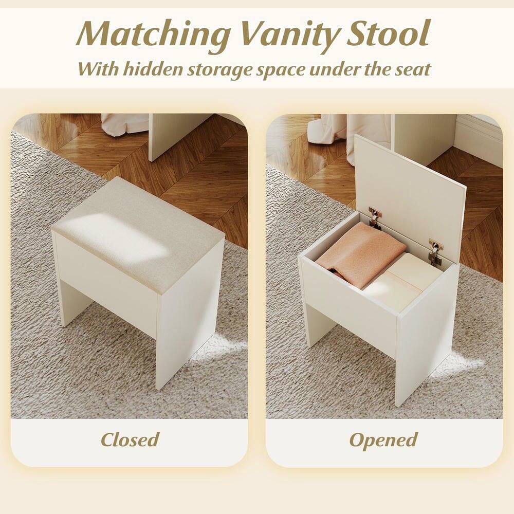 Matching Vanity Stool  
With hidden storage space under the seat  

Closed  
Opened