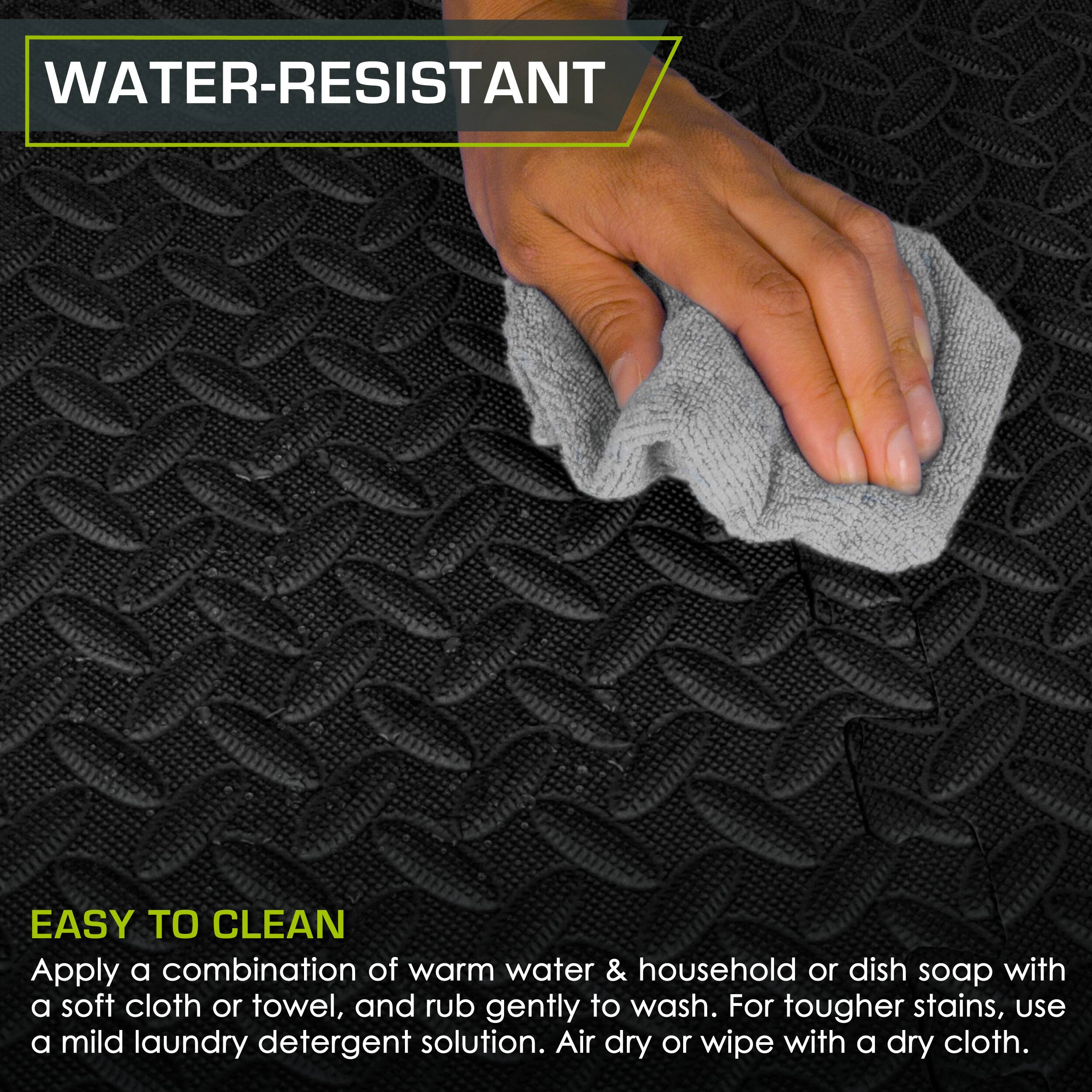 **WATER-RESISTANT**

**EASY TO CLEAN**

Apply a combination of warm water & household or dish soap with a soft cloth or towel, and rub gently to wash. For tougher stains, use a mild laundry detergent solution. Air dry or wipe with a dry cloth.