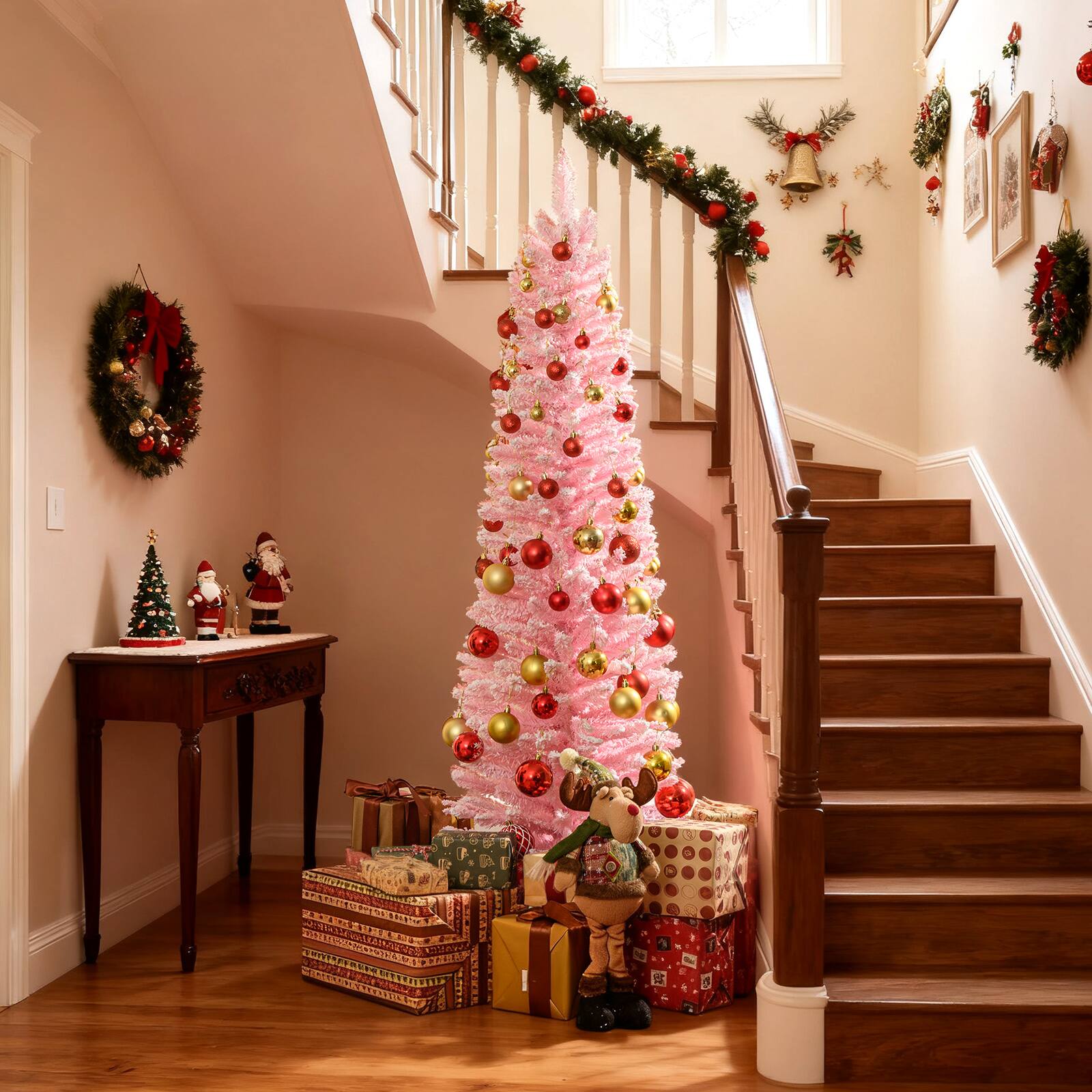 Alt View 3. Gymax - Gymax 5 FT Pink Artificial Christmas Tree Slim Pencil Xmas Tree w/ 328 Snow Flocked Branch Tips - Pink.