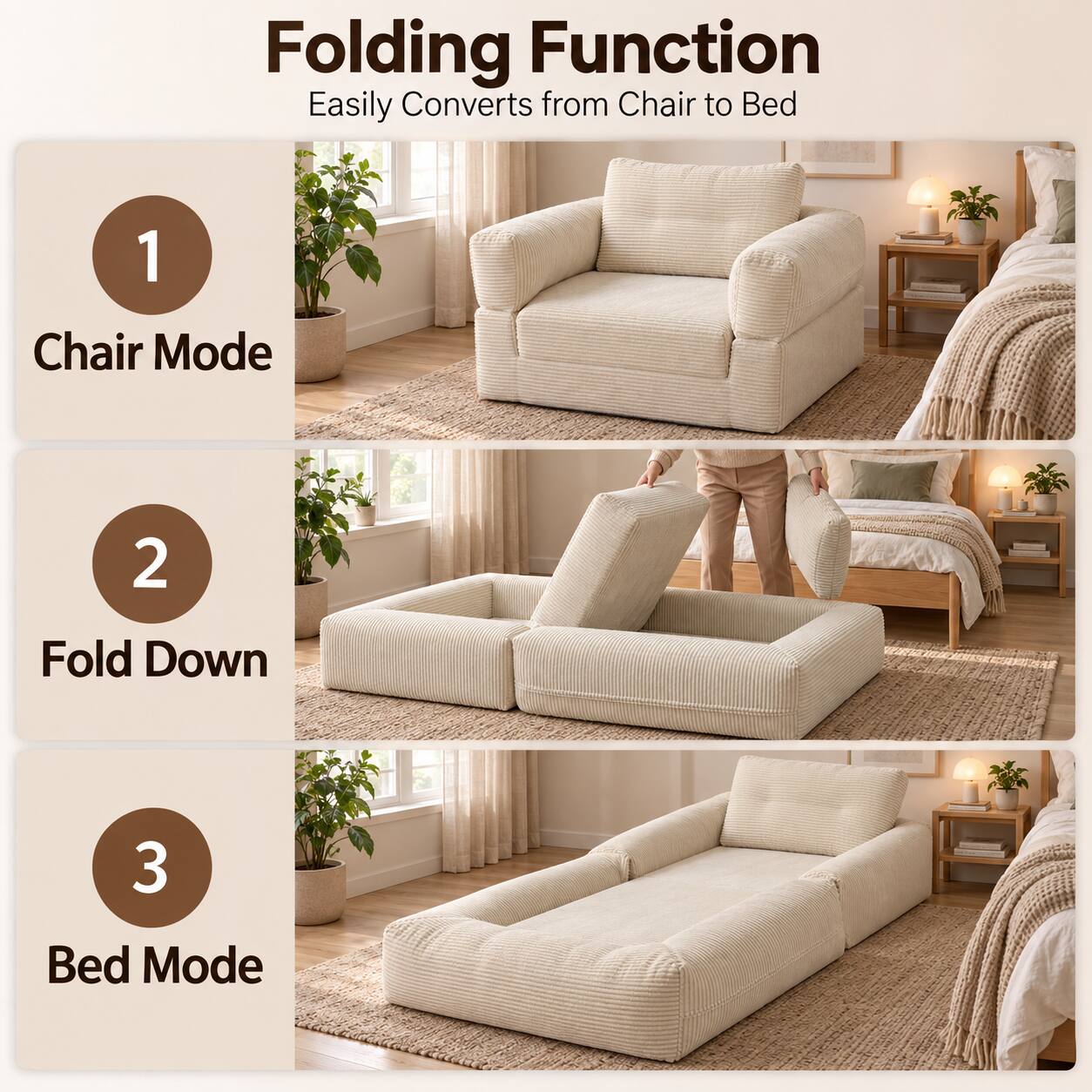 Folding Function  
Easily Converts from Chair to Bed

1. Chair Mode
2. Fold Down
3. Bed Mode