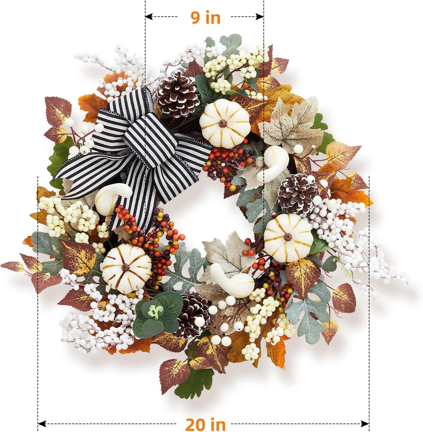 Alt View 4. GARVEE - 20 Inch Fall Wreath for Front Door, Autumn Maple Leaves Wreath with White Pumpkins Stripe Bow Farmhouse Decorations - Green.