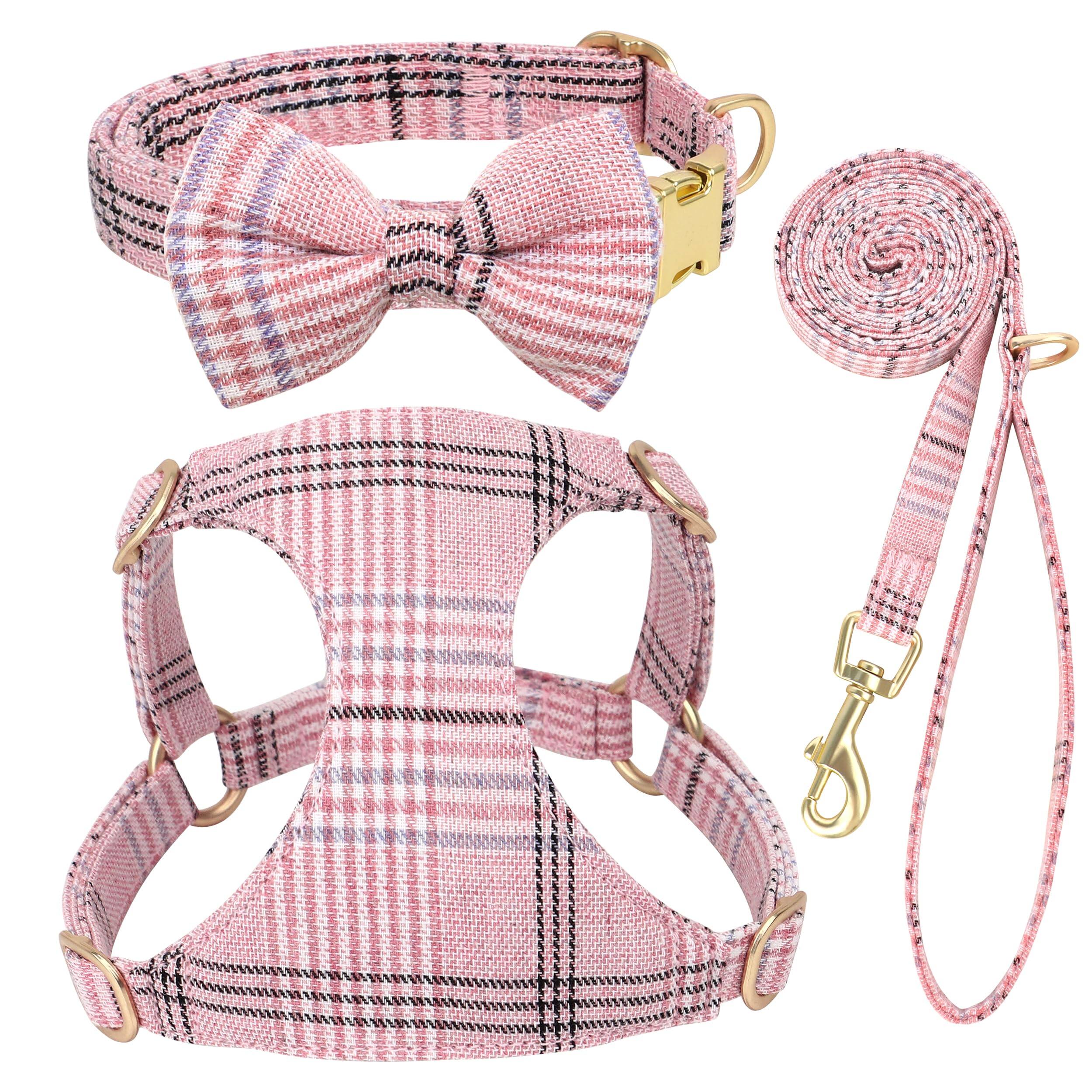 Front. Paradigms Interiors - Cute Dog Harness Collar And Leash Set With Bowtie Soft Plaid Puppy For Sized Dogs Cats Walks Parties - Pink-S:Fit 9-20 lbs.