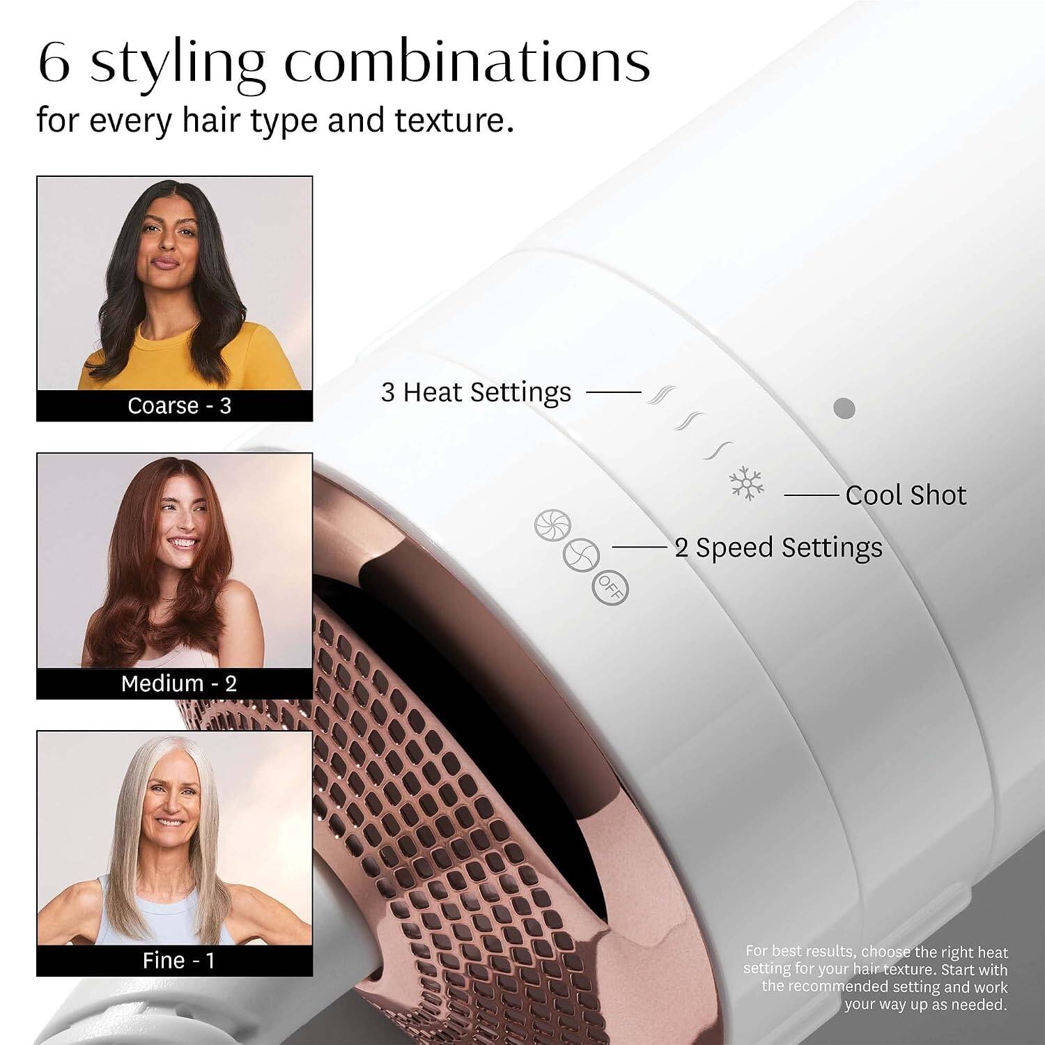 6 styling combinations for every hair type and texture.

Coarse - 3
3 Heat Settings
Cool Shot
2 Speed Settings
Medium - 2
Fine - 1

For best results, choose the right heat setting for your hair texture. Start with the recommended setting and work your way up as needed.