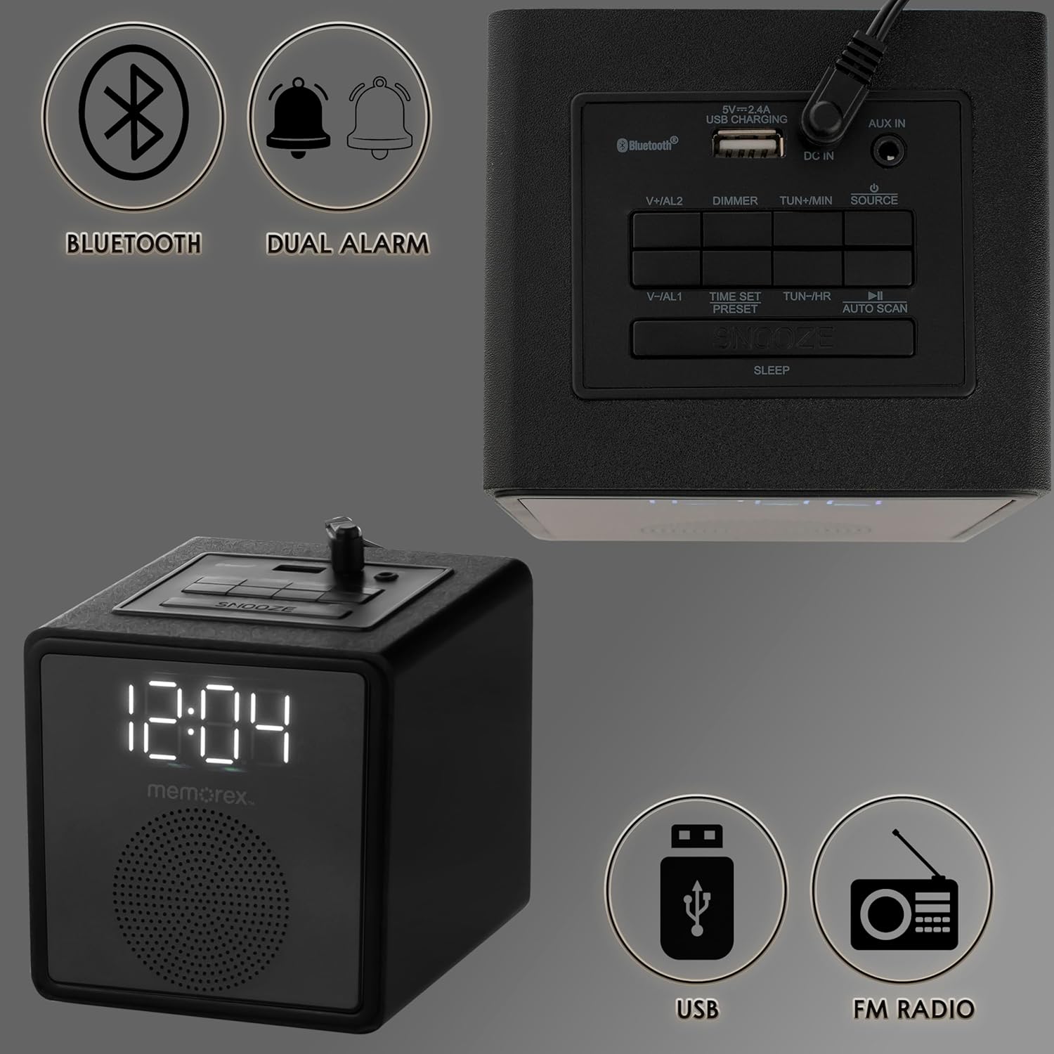 1. Bluetooth
2. Dual Alarm
3. USB
4. FM Radio
5. 5V=2.4A
6. AUX IN
7. DC IN
8. V+/AL2
9. DIMMER
10. TUN+/MIN
11. SOURCE
12. V-/AL1
13. TIME SET
14. PRESET
15. TUN-/HR
16. AUTO SCAN
17. SNOOZE
18. SLEEP