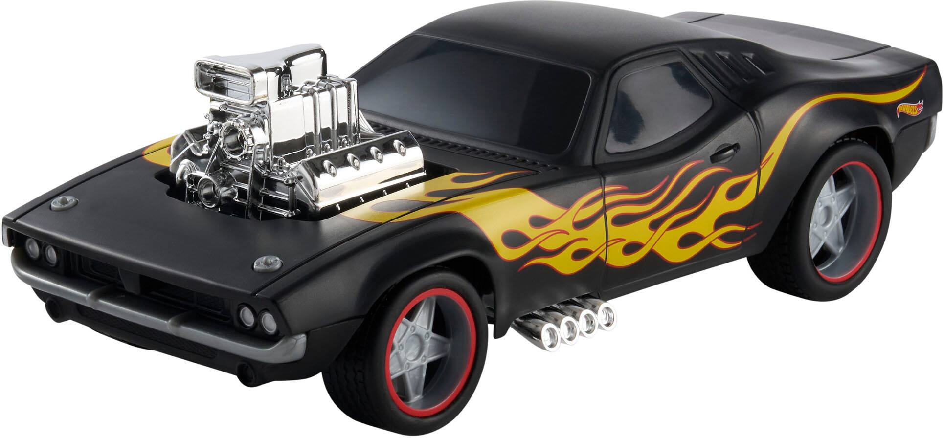Left. Hot Wheels - Rodger Dodger Black with Yellow/Red Flames Remote Control 1:16 Scale Car.