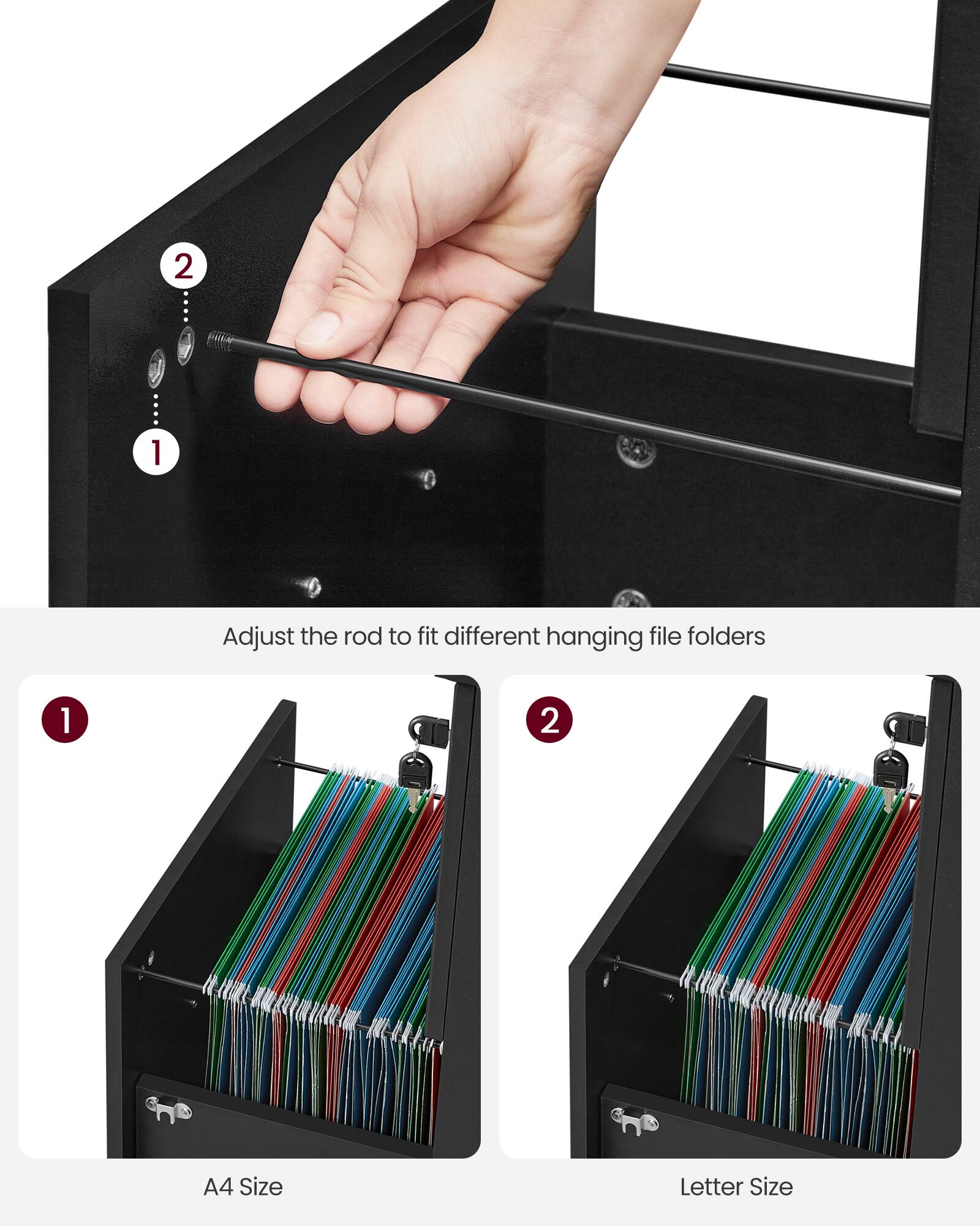 1. Adjust the rod to fit different hanging file folders

2. A4 Size

3. Letter Size