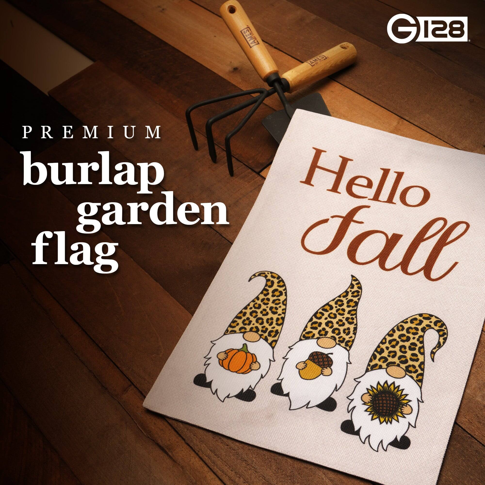 G128 Hello Fall Garden Flag — Three Gnomes with Pumpkin, Acorn ...