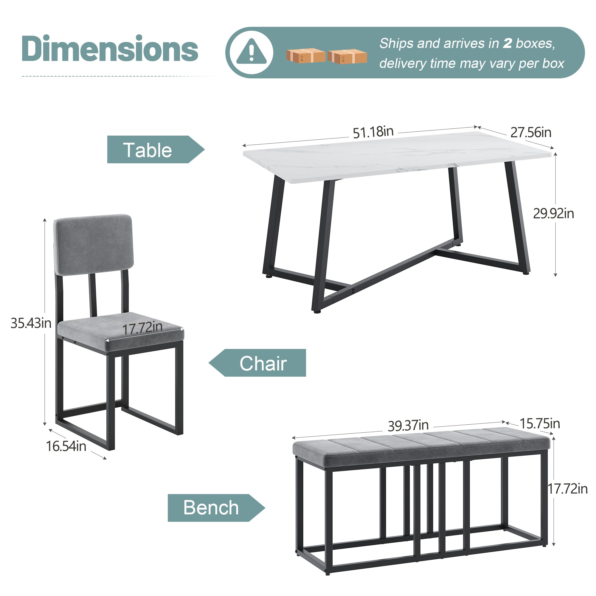 Dimensions

Ships and arrives in 2 boxes, delivery time may vary per box

Table
- 51.18in
- 27.56in
- 29.92in
- 35.43in
- 17.72in

Chair
- 16.54in
- 39.37in
- 15.75in

Bench
- 17.72in