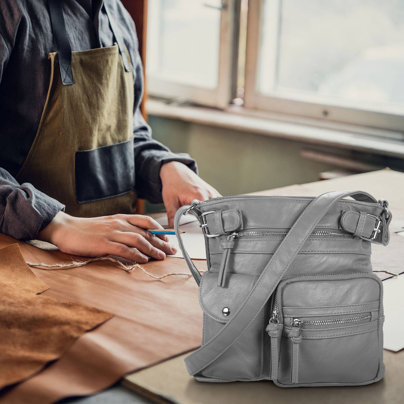 Alt View 5. Unique Bargains - Crossbody Bags for Women PU Leather Multi Pocket with Adjustable Straps Women Shoulder Sling Handbags Soft Purse - Grey.