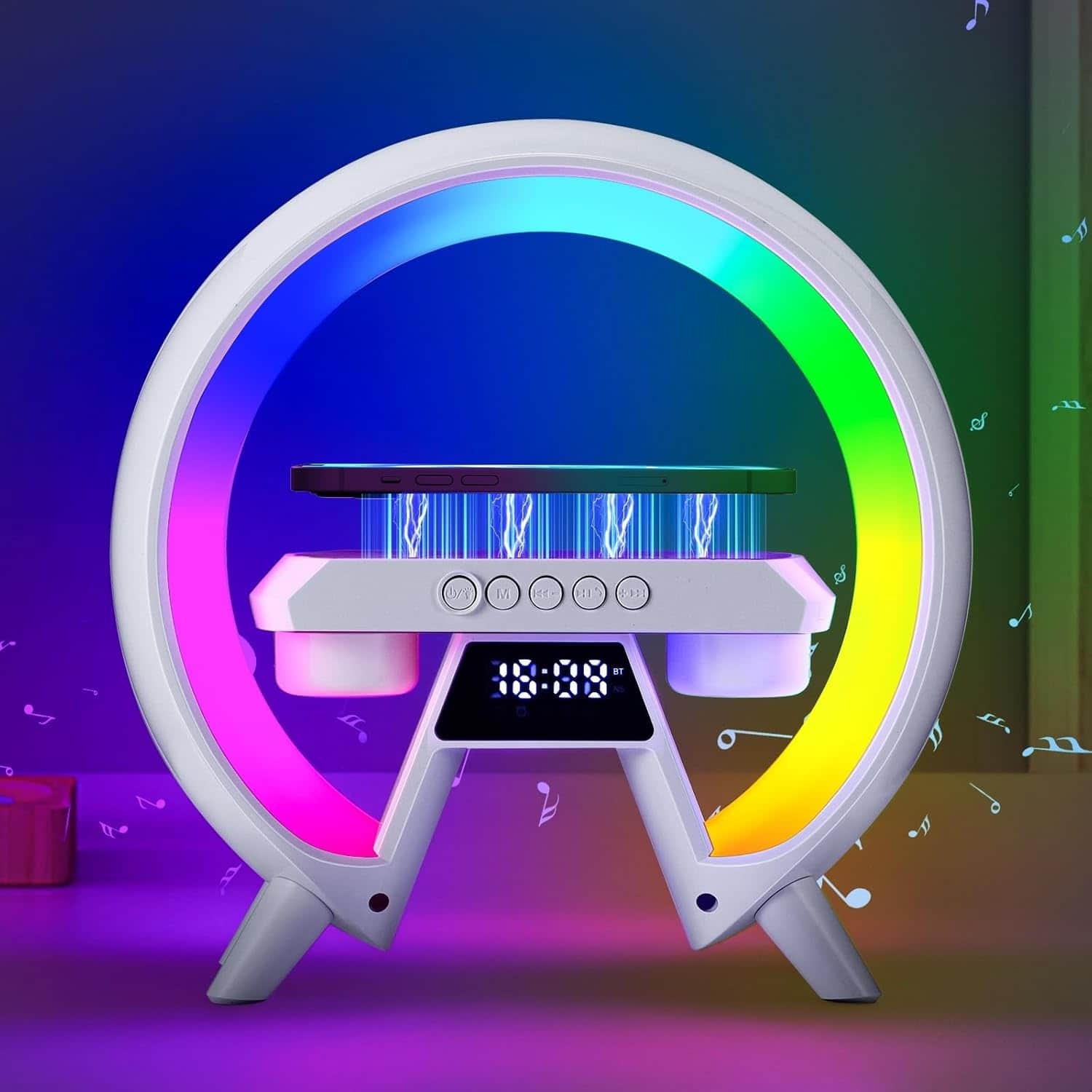 Stamp n Camp - Atmosphere Lamp with Wireless Charger, Table Bluetooth Speakers, Time Display Alarm Clock, 15W Qi Charger and Hi-Fi