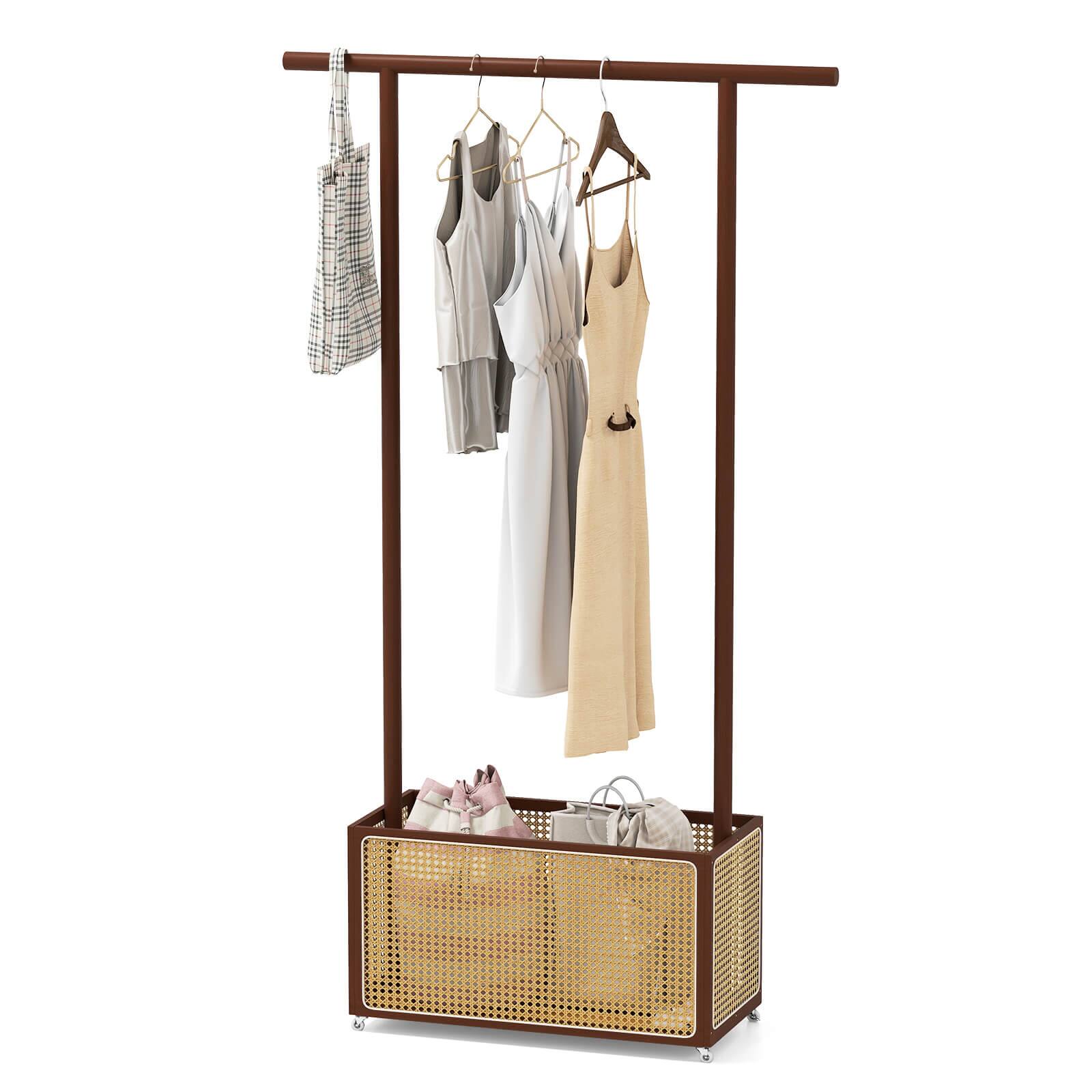 Front. Costway - Costway Bamboo Clothes Rack with Rattan Storage Basket & Wheels, Rolling Garment Rack - Brown.