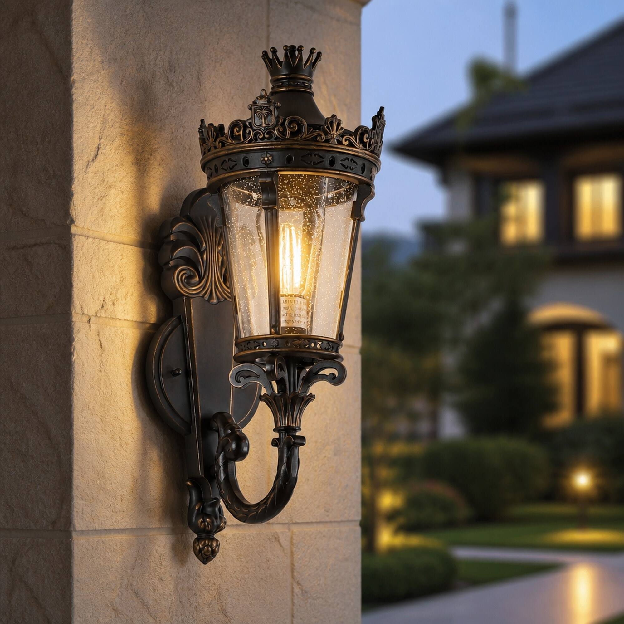 Alt View 4. RYHNUYNE - 21" Vintage Outdoor Wall Lantern with Crown Top and Clear Glass – Waterproof Exterior Sconce for Patio, Garden.