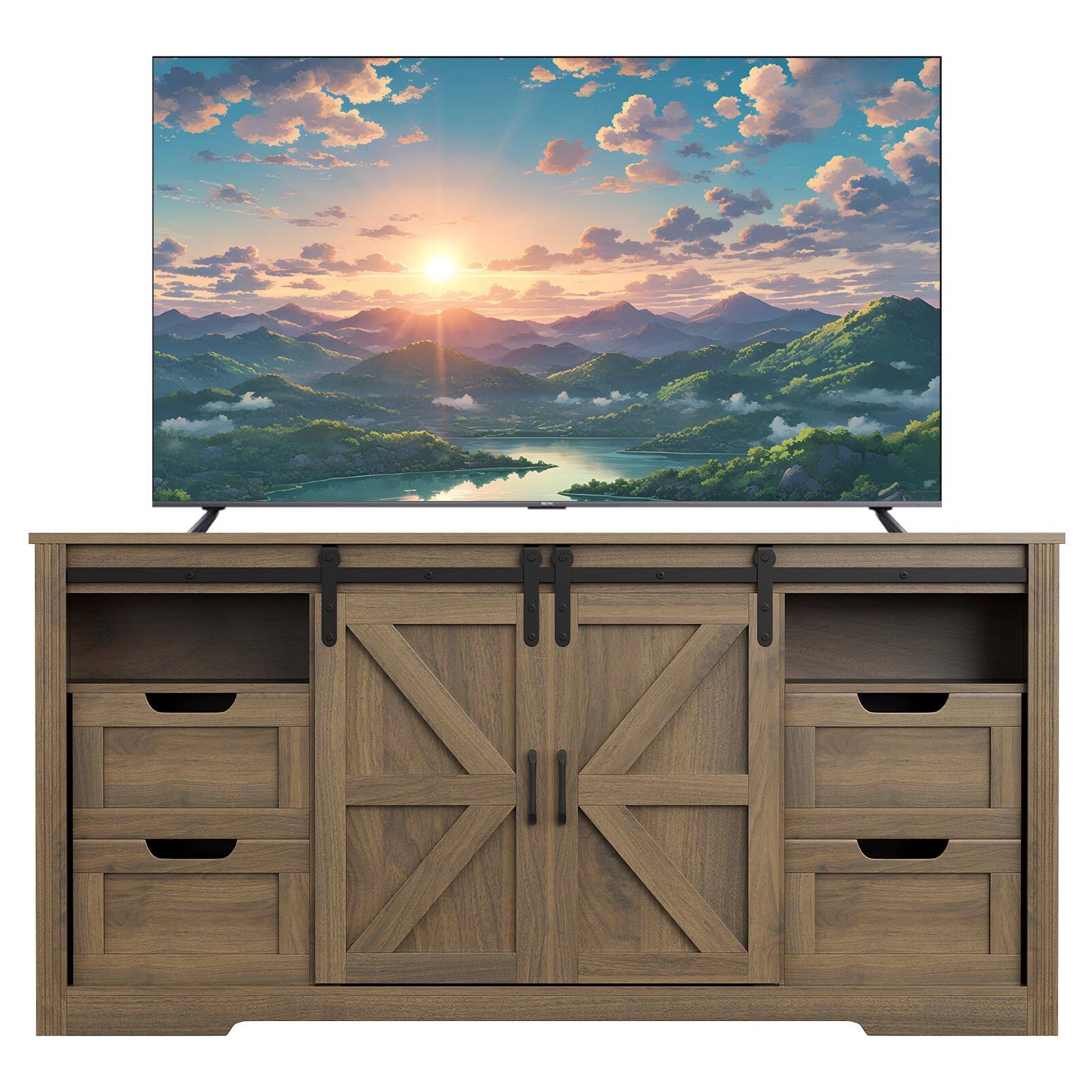 Alt View 2. Qeetex - 66" Farmhouse TV Stand for 70" TVs, Entertainment Center with Sliding Barn Door, 4 Drawers & Adjustable Shelves - Brown.