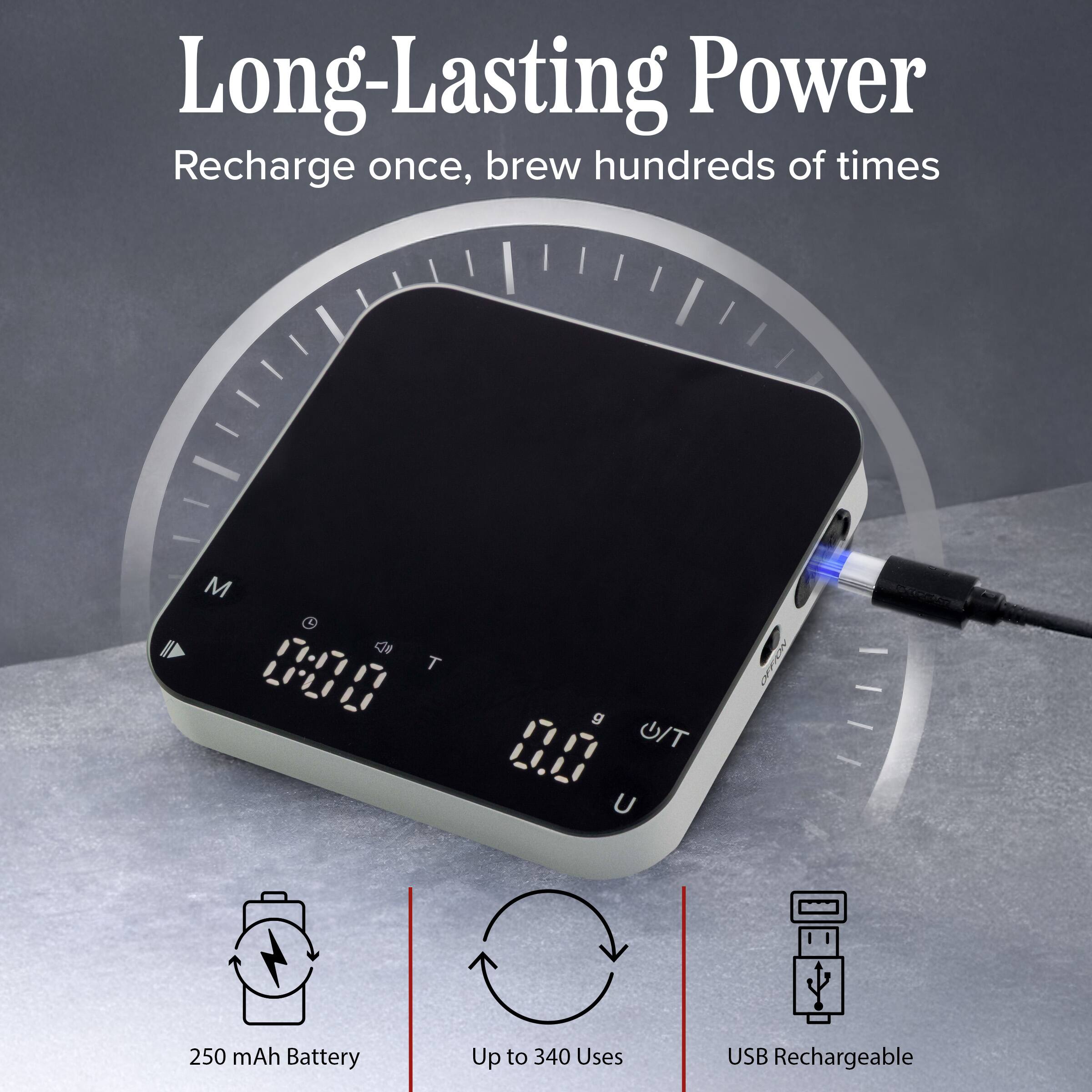 Long-Lasting Power  
Recharge once, brew hundreds of times  

250 mAh Battery  
Up to 340 Uses  
USB Rechargeable
