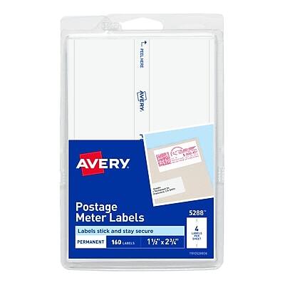 AVERY  
Postage Meter Labels  
Labels stick and stay secure  
PERMANENT  
160 Labels  
1 1/2" x 2 3/4"  
5288  
4 Labels per Sheet