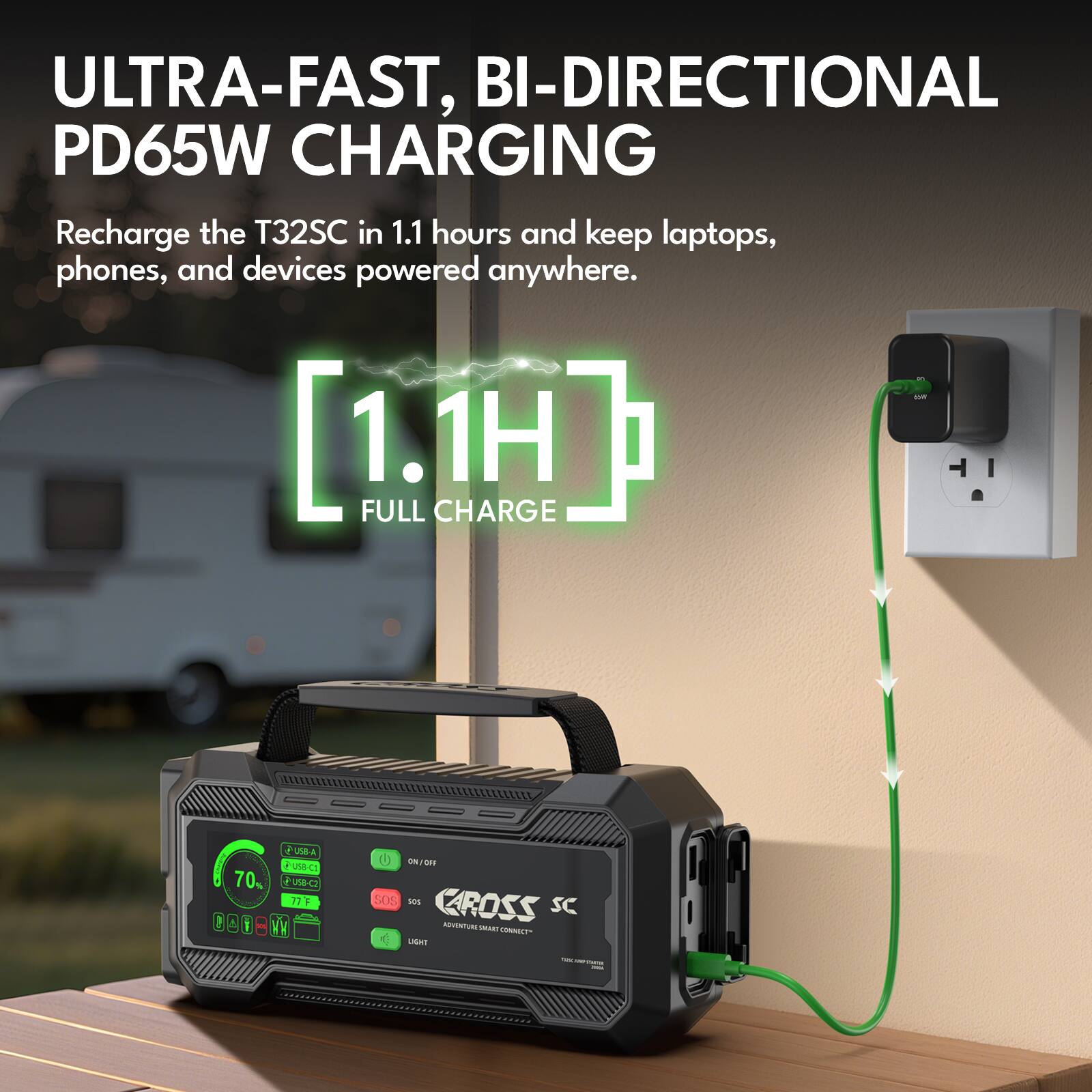 ULTRA-FAST, BI-DIRECTIONAL PD65W CHARGING

Recharge the T32SC in 1.1 hours and keep laptops, phones, and devices powered anywhere.

[1.1H FULL CHARGE]