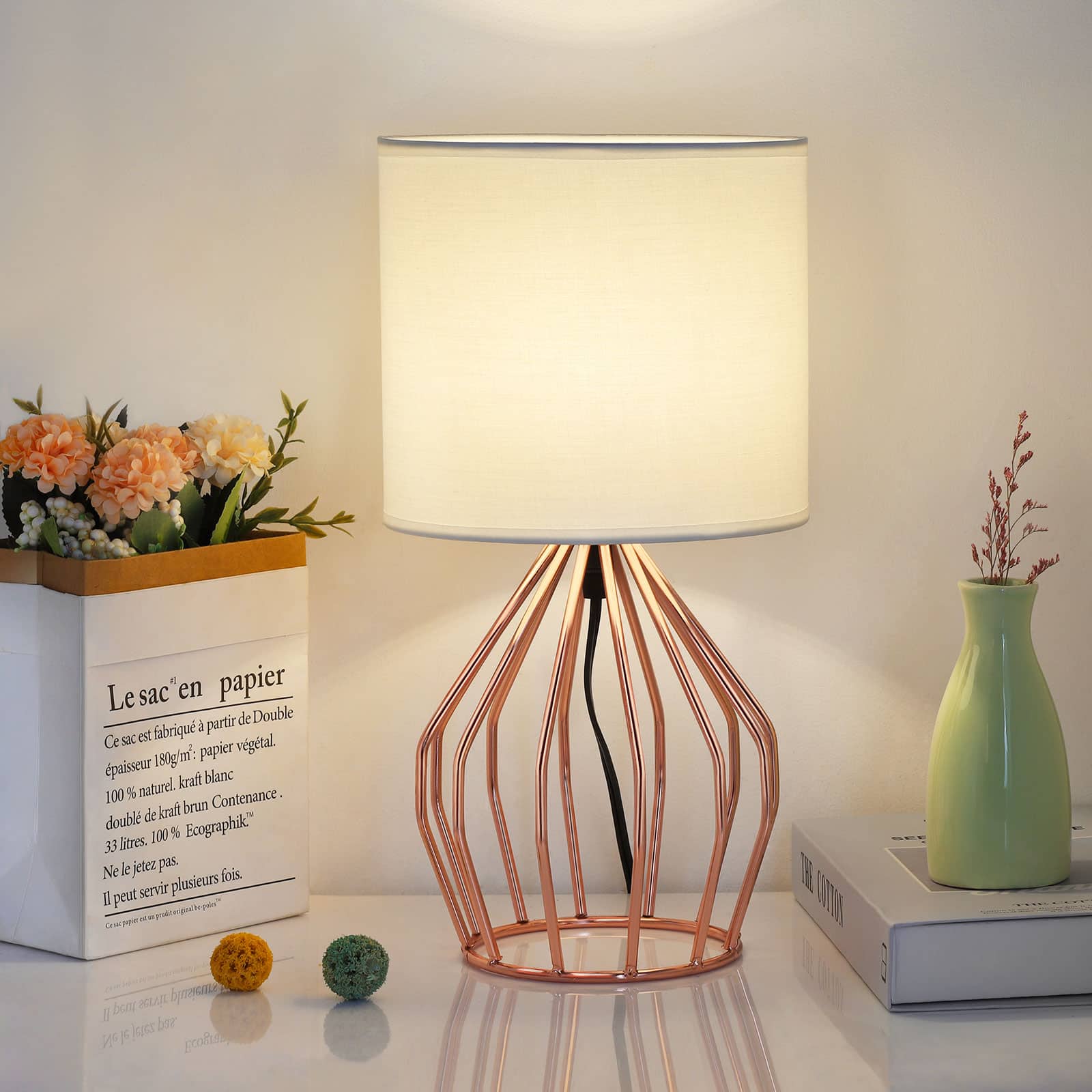 Oumilen - Rose Gold Table Lamps Set of 2 - Minimalist Bedside Lamps with Metal Cage Base & Linen Shade for Bedroom Girls Room