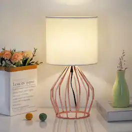 Oumilen - Rose Gold Table Lamps Set of 2 - Minimalist Bedside Lamps with Metal Cage Base & Linen Shade for Bedroom Girls Room