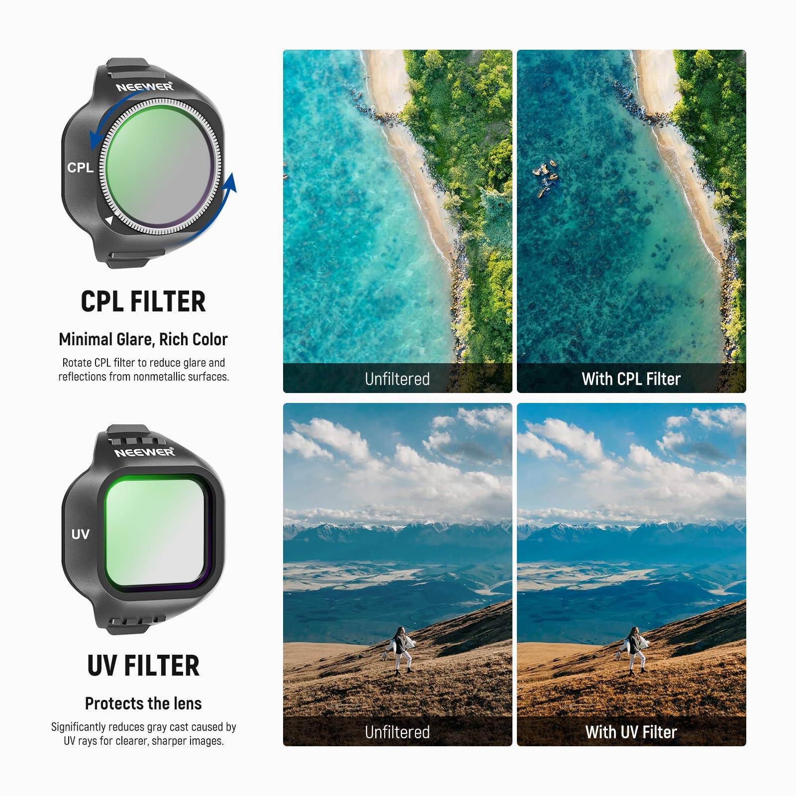 CPL FILTER  
Minimal Glare, Rich Color  
Rotate CPL filter to reduce glare and reflections from nonmetallic surfaces.  
Unfiltered | With CPL Filter  

UV FILTER  
Protects the lens  
Significantly reduces gray cast caused by UV rays for clearer, sharper images.  
Unfiltered | With UV Filter