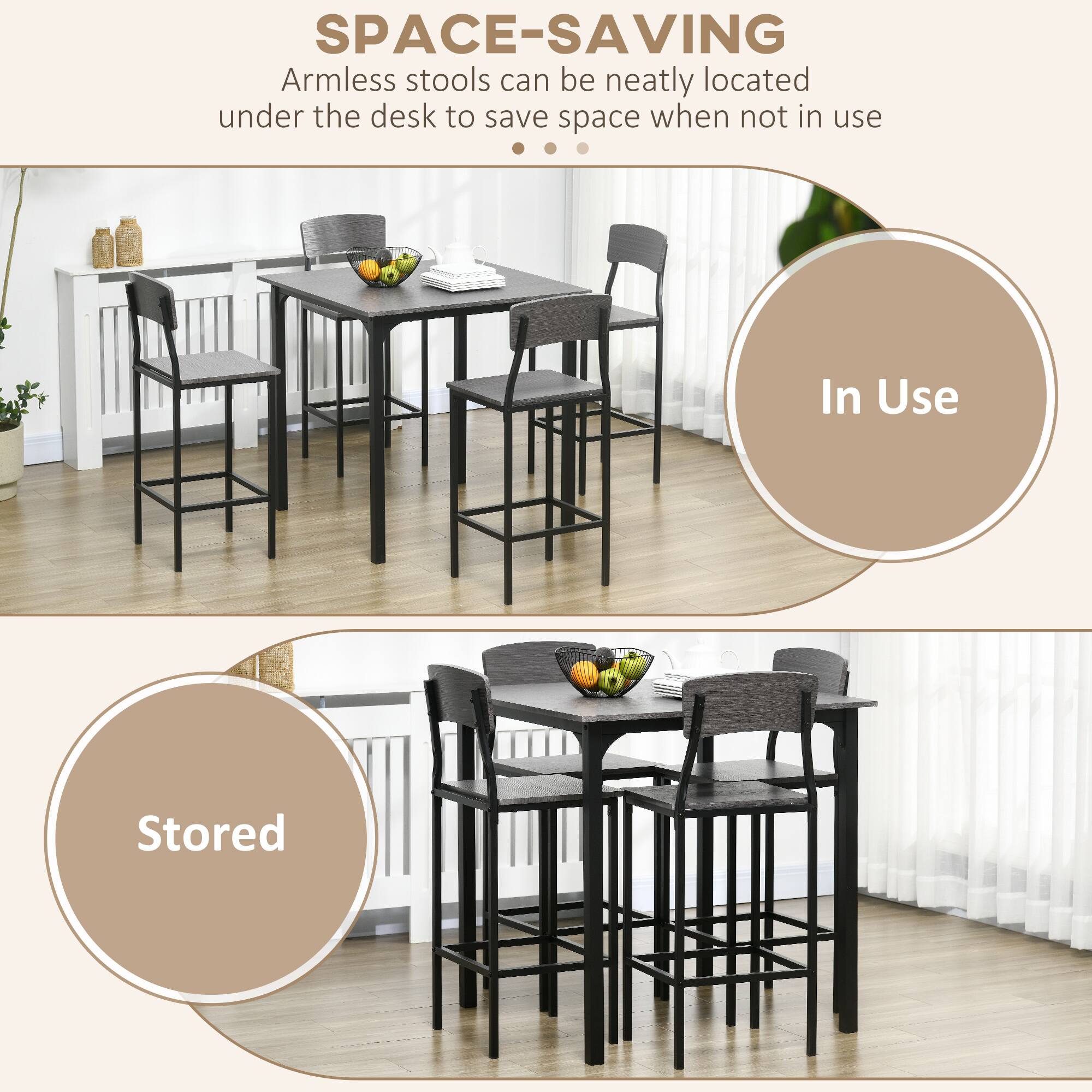 SPACE-SAVING  
Armless stools can be neatly located under the desk to save space when not in use

In Use

Stored